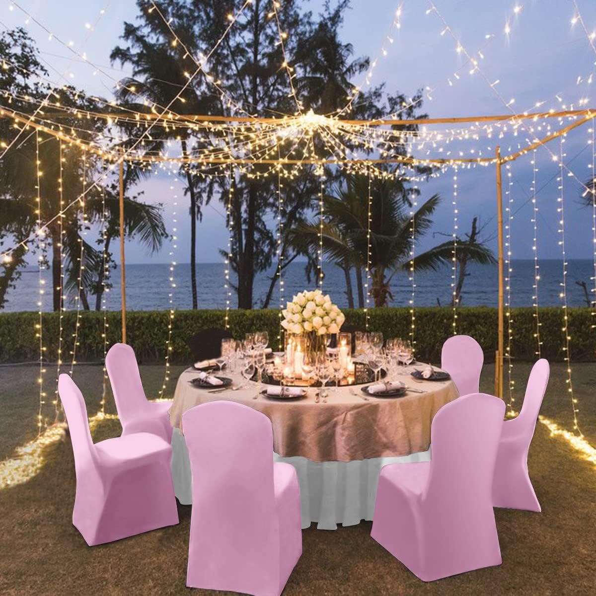 Kapwall 12 PCS Pink Chair Covers, Spandex Stretch Washable Chair Covers for Wedding,Party and Banquet