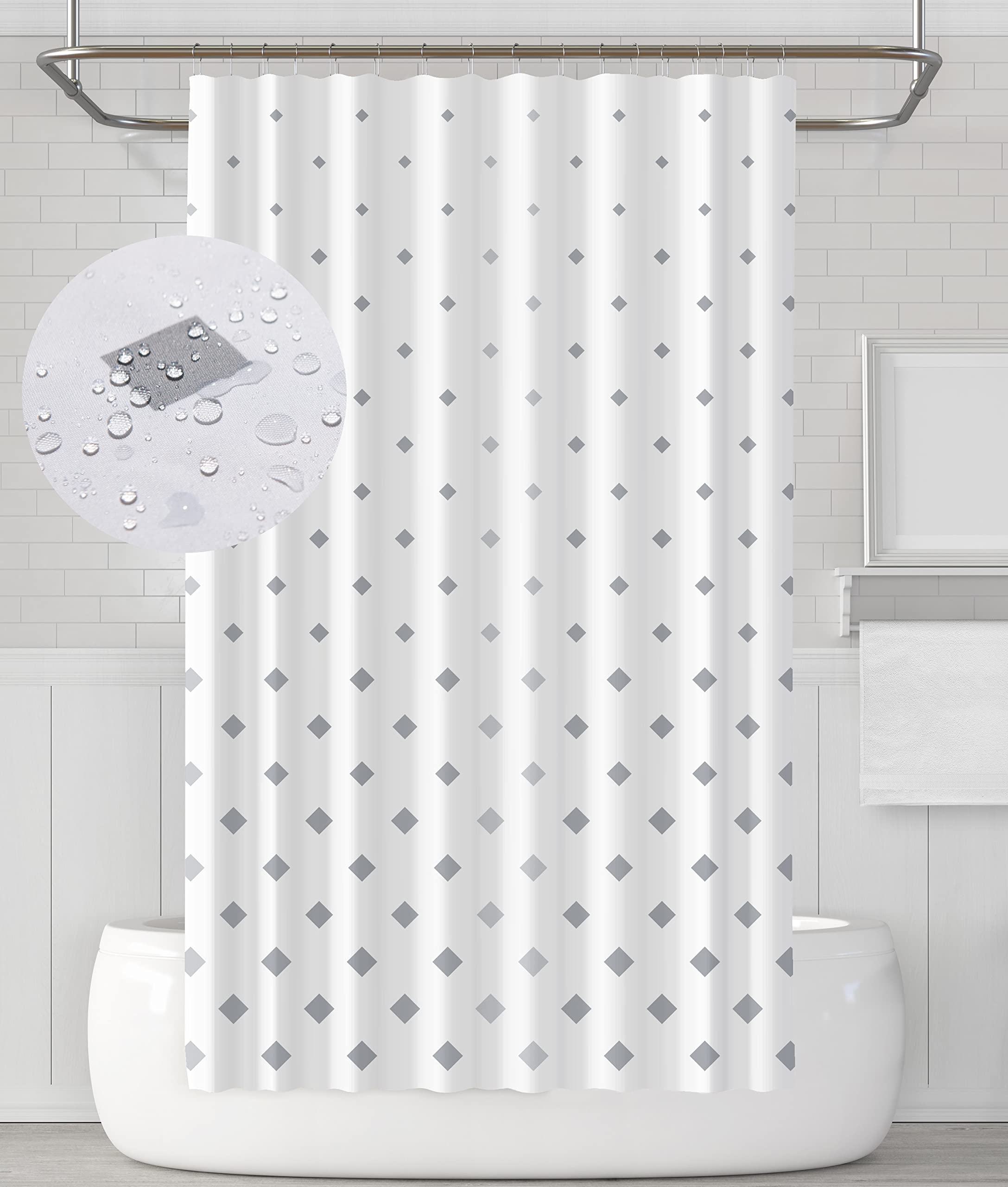 YOUNG DA Fabric Shower Curtain Grey & White Diamond Geometric Design for Bathroom, Shower Curtains Mould Proof Resistant 72x72 inch, Washable Fabric,