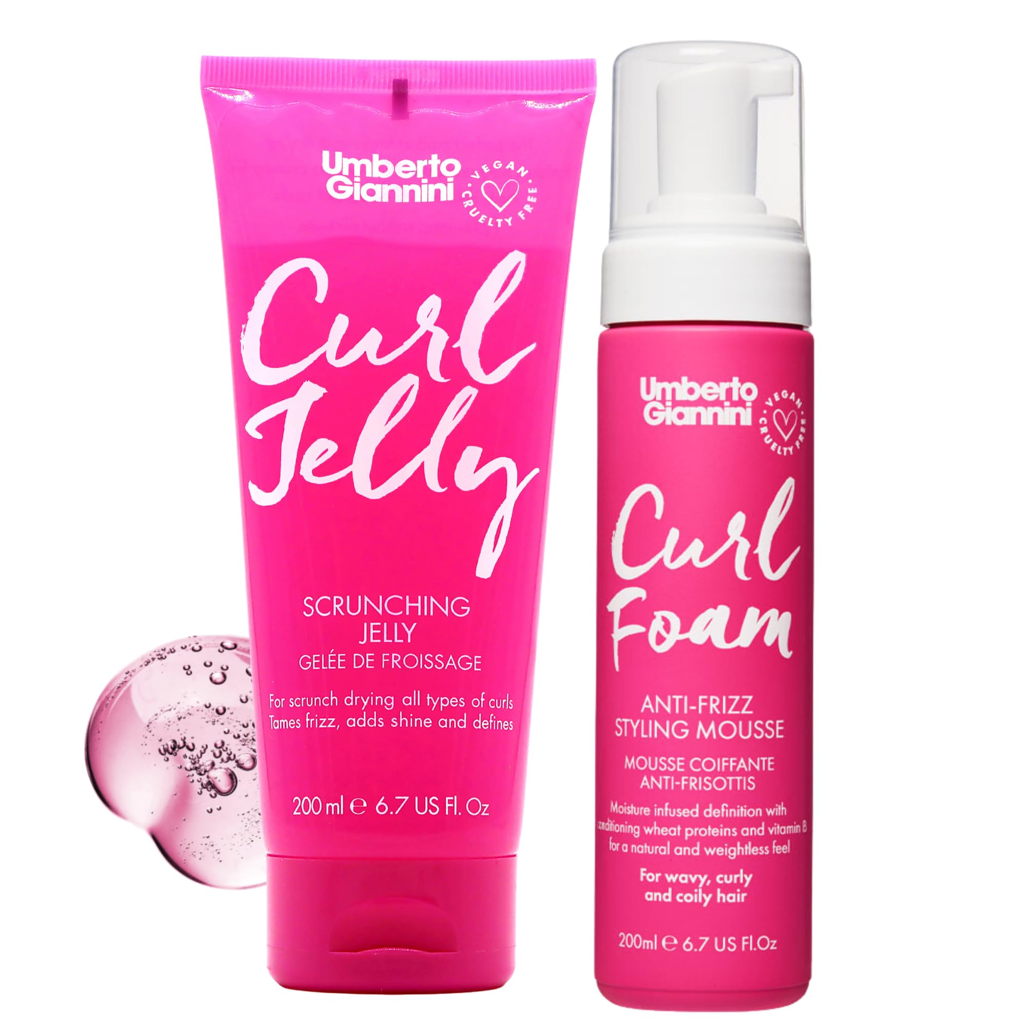 Umberto Giannini Curl Jelly Scrunching Jelly & Curl Foam Mousse Styling Duo - Vegan & Cruelty Free Curl Control Hair Gel & Mousse for Defrizzing Curly