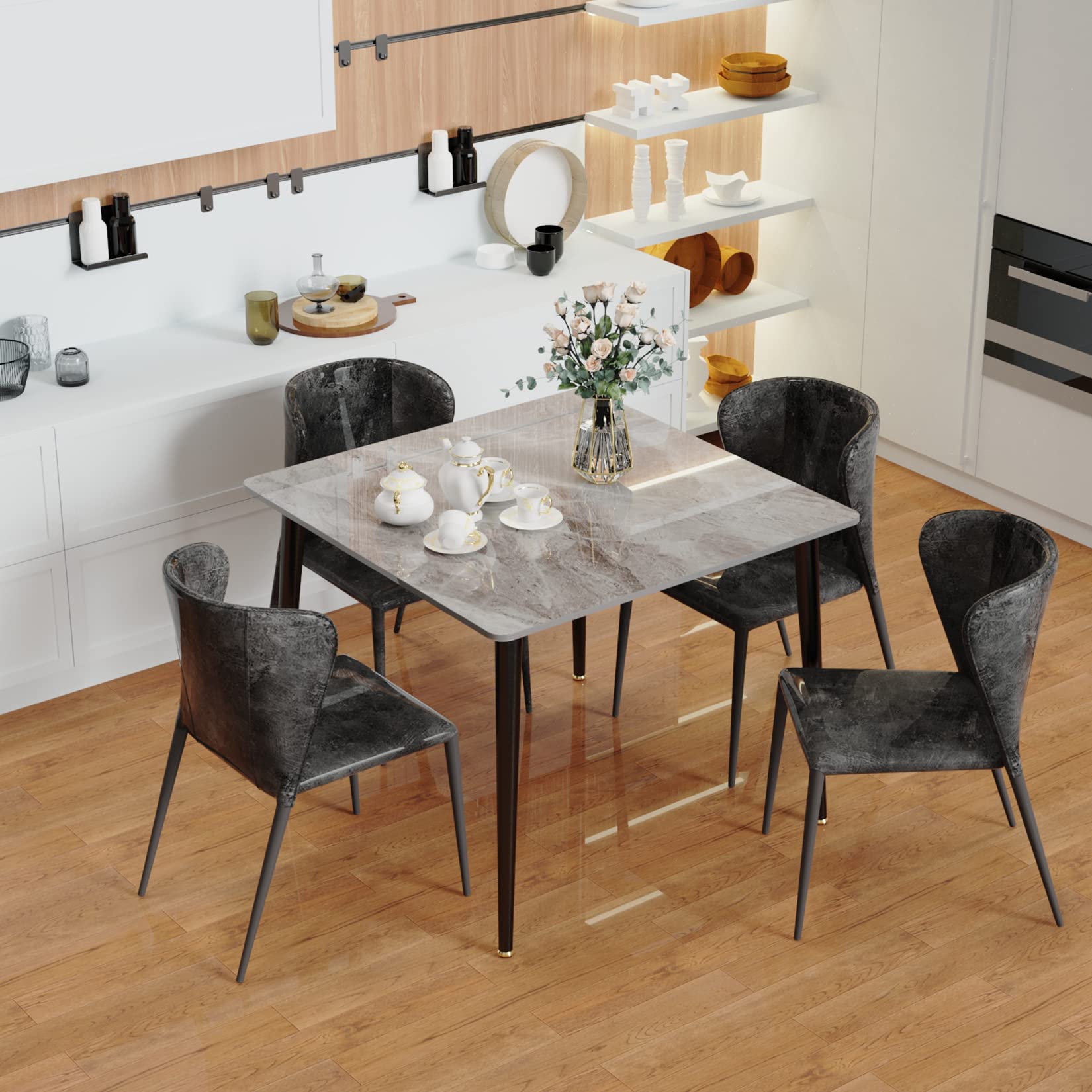 Kitchen Dining Table Marble Tabletop : Square 80cm Modern Sintered Stone Grey Pattern Marble Top Dinner Tables 4 Seater with Tapered Metal Legs Dining