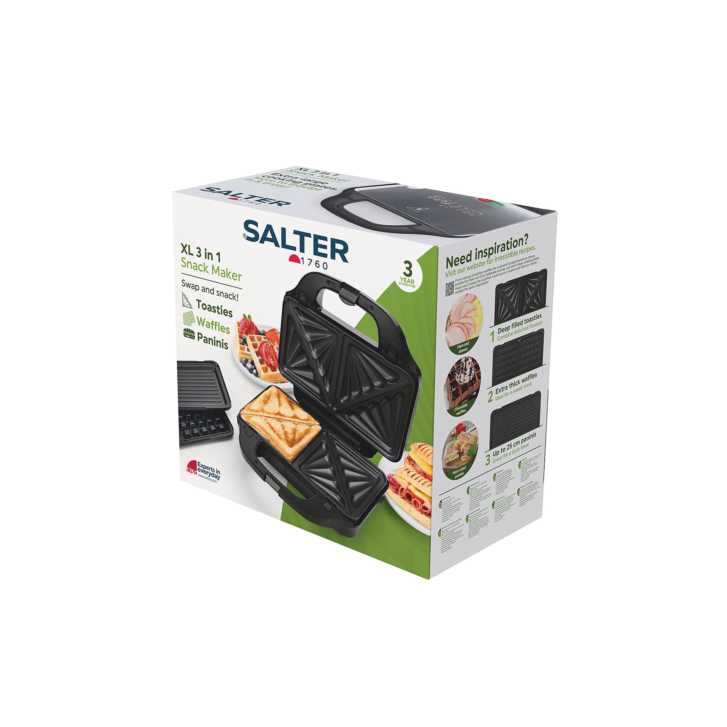 Salter EK2143 3-In-1 Snack Maker - Sandwich Toaster, Waffle Maker, Panini Press Grill, Includes Removable Extra Large Deep Fill Hot Plates, Non-Stick,