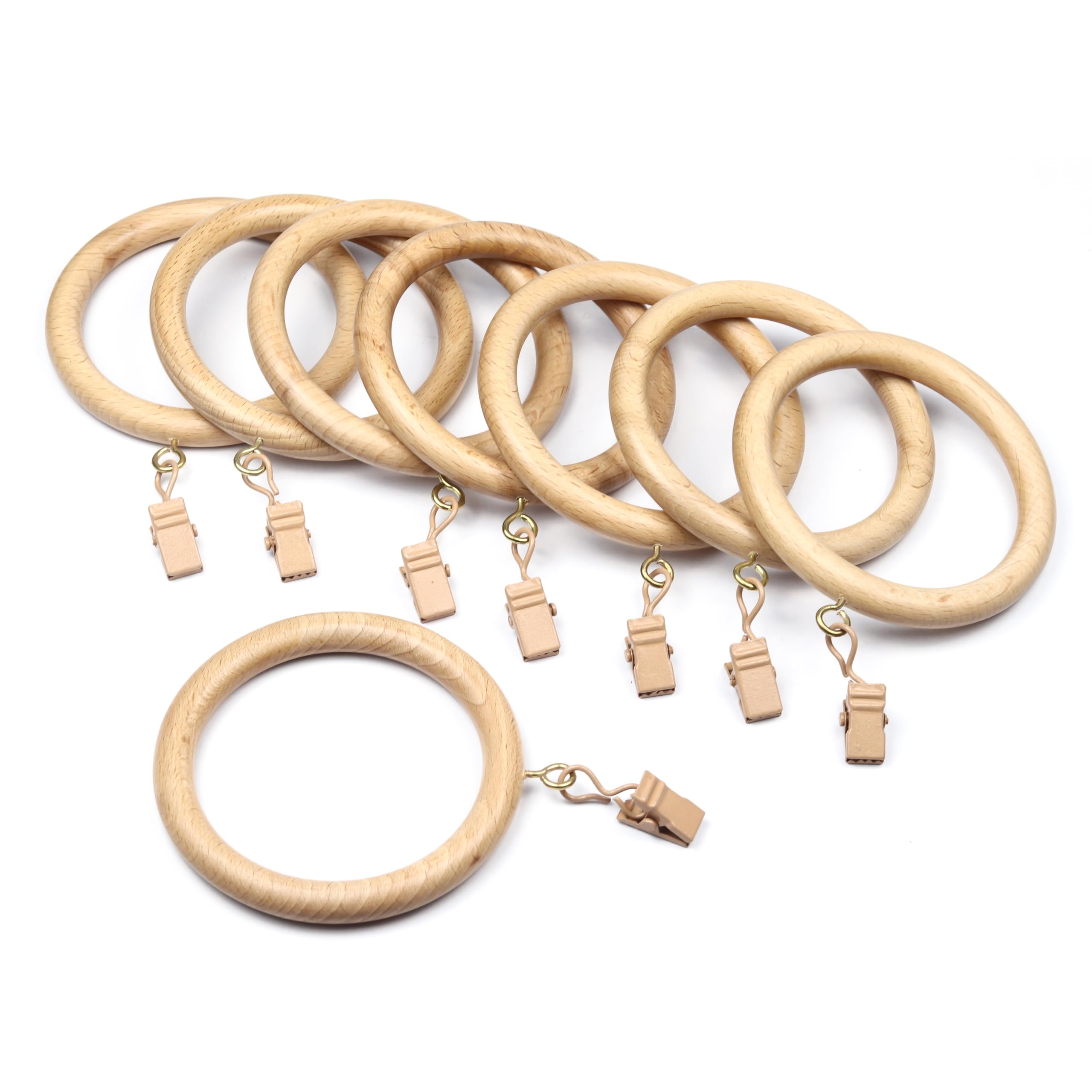 12 Pieces Beechwood Curtain Rings with Clips ? Fits 1.5 to 2 Inch Curtain Rods (2.7 Inch Inner Diameter)