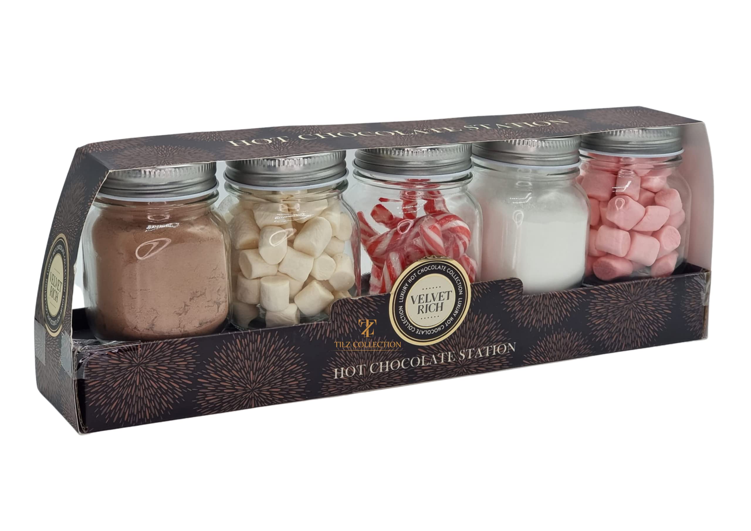 Hot Chocolate Station Kit - Christmas Hot Chocolate Gift Set In 5 Reusable Jars Containing Drinking Chocolate Mix Pink And White Hot Chocolate