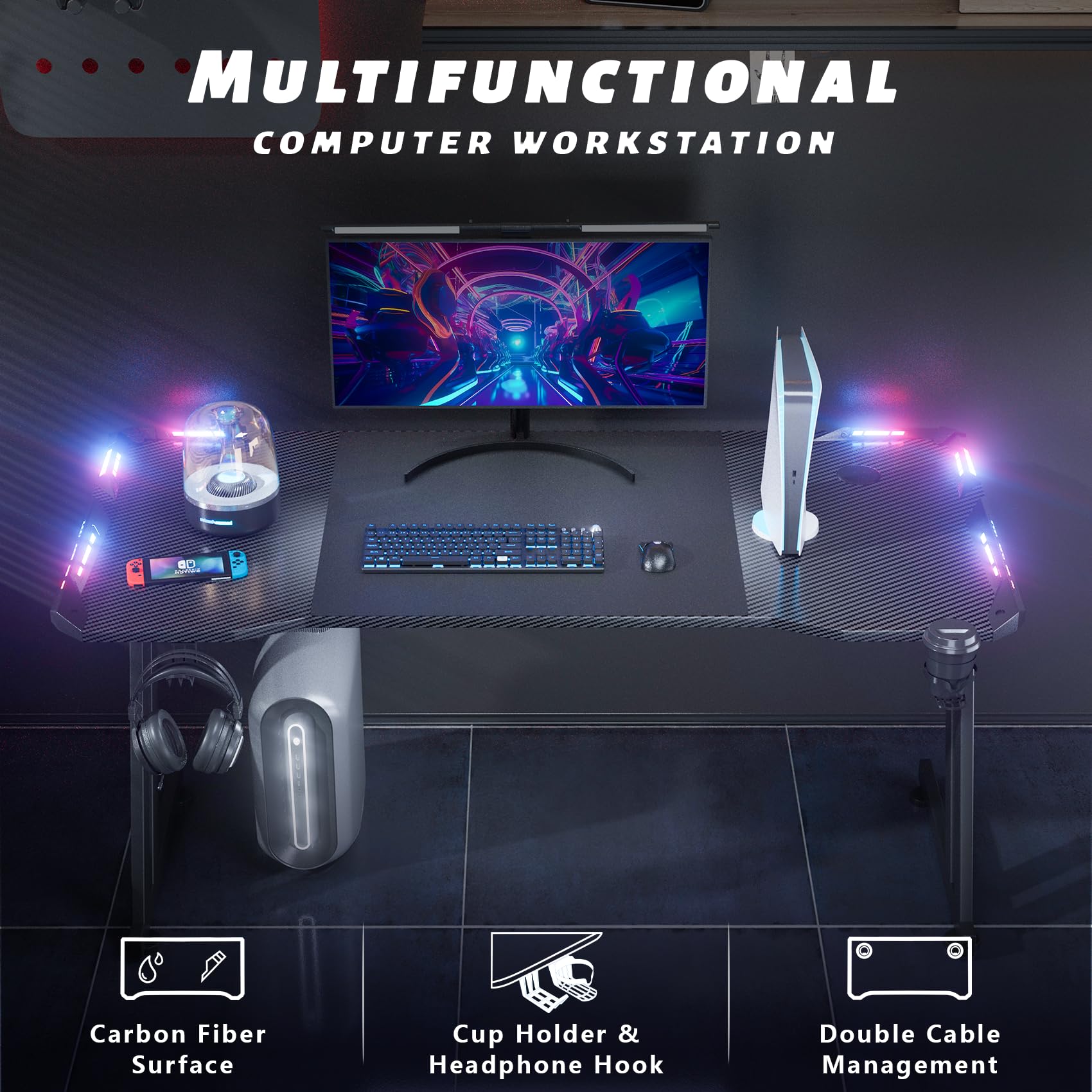 DLONGONE 120 x 60cm RGB Gaming Desk, Large Gaming Table for Laptop, Home Office Desk with Carbon Fiber Coated, Gaming PC Desk with Headphone Hook and