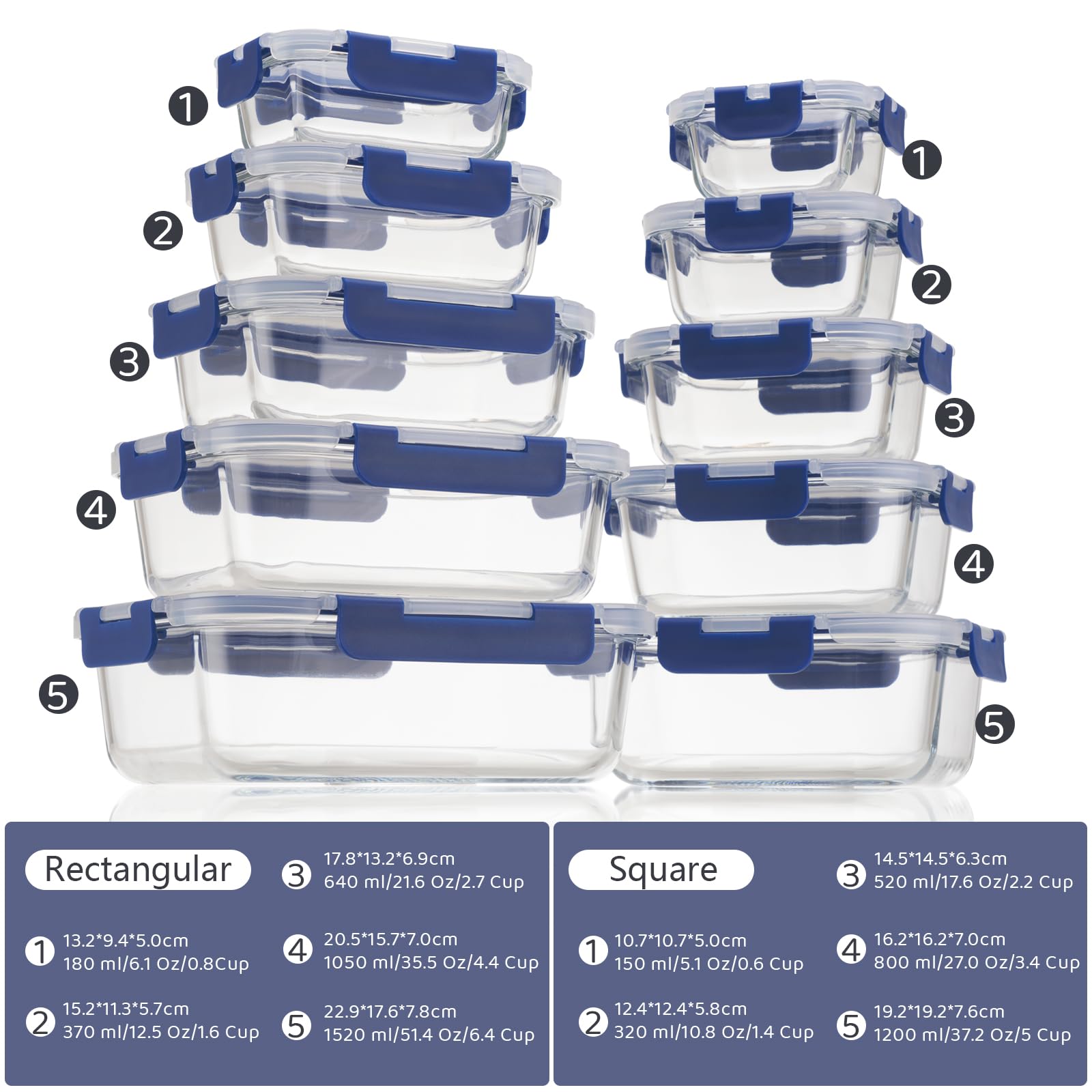GENICOOK Meal Prep Glass Food Storage Containers 10 Pack, Glass food storage container with Snap Lock Leakproof Lids, Reusable Microwave safe BPA-free