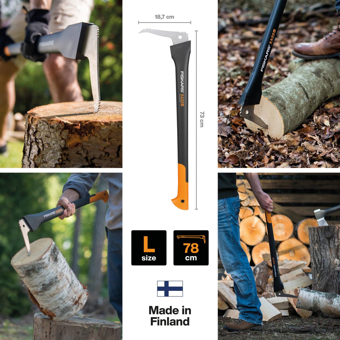 Fiskars WoodXpert XA22 Sappie, Length: 78 cm, Hardened Steel Blade/Fiberglass Resistant Handle, Storage and Transport Case Included, Black/Orange,
