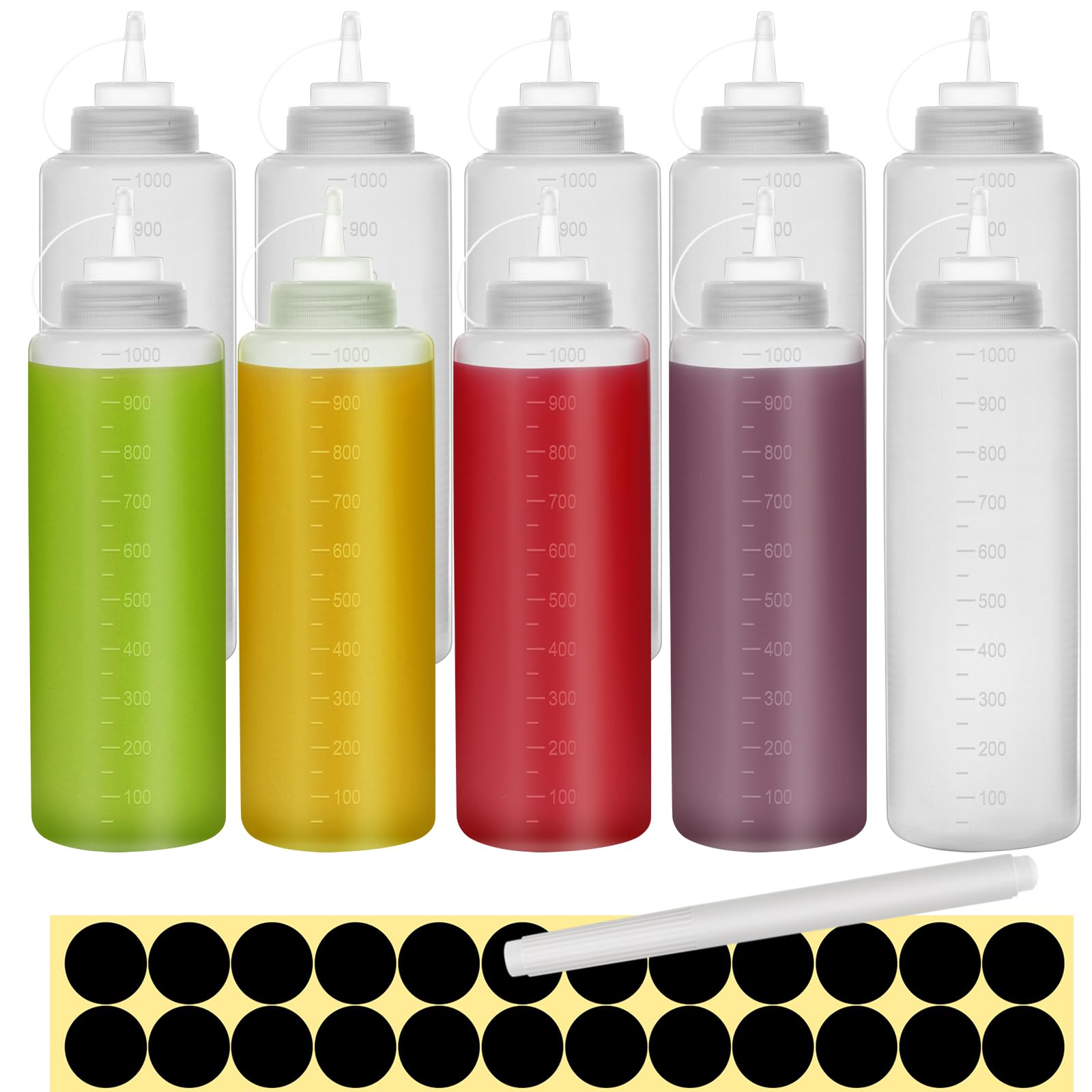 32oz Sauce Bottle, Happybase 10 Pack 1000ml Squeeze Bottle, Plastic Squeezy Sauce Bottles for Condiments Ketchup Syrup BBQ Sauce Mustard Salad