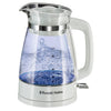 Russell Hobbs Carafe Style 1.7L Cordless Electric Glass Kettle with white handle, lid & base and blue internal illumination (Fast boil, 3KW,