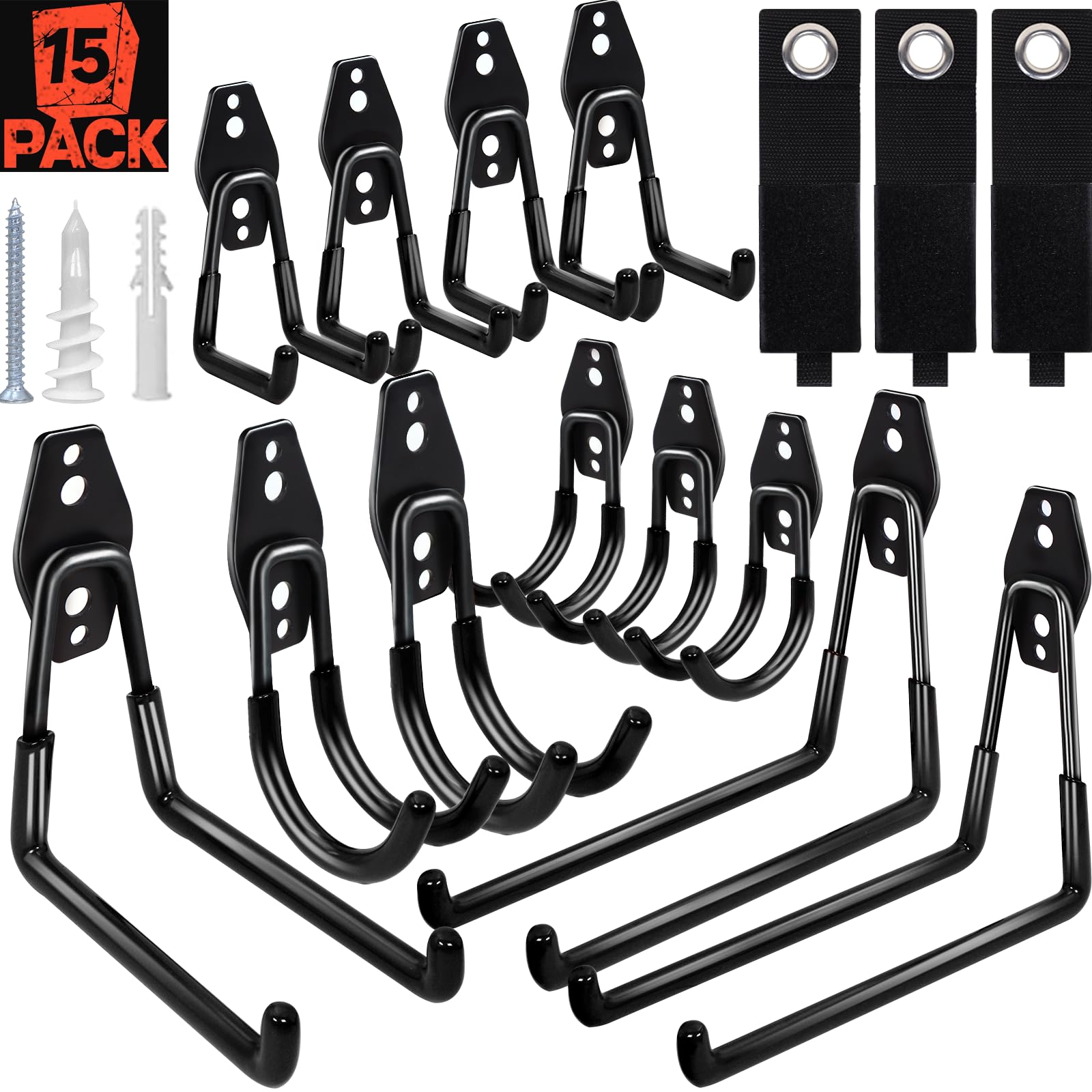 SBGGRL 15pcs Garage Storage Wall Hooks - Heavy Duty Garage Hooks for Hanging Yard Tools Ladders Bikes Power Hose Shovel Metal Shed Hangers Organizer