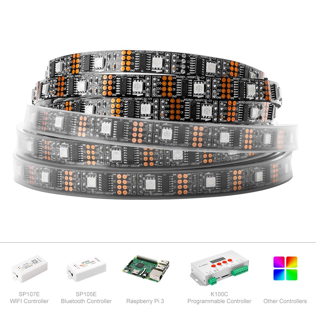 BTF-LIGHTING Individually Addressable WS2801 Light LED Strip 5050 SMD RGB 32LEDs/m 3M 9.8ft 96LEDs IP30 Non-Waterproof Black PCB Pixel Light DC5V 4PIN