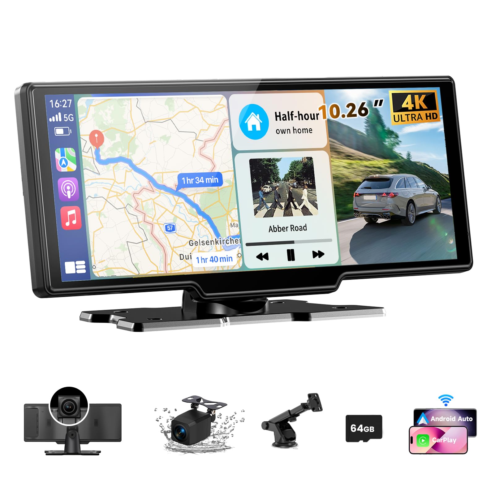 10.26" Car Tablet Pro Max 2025: Wireless Carplay Screen for Car with 4K Front and 1080P Rear Camera, Android Auto Screen IPS Touchscreen/Mirror