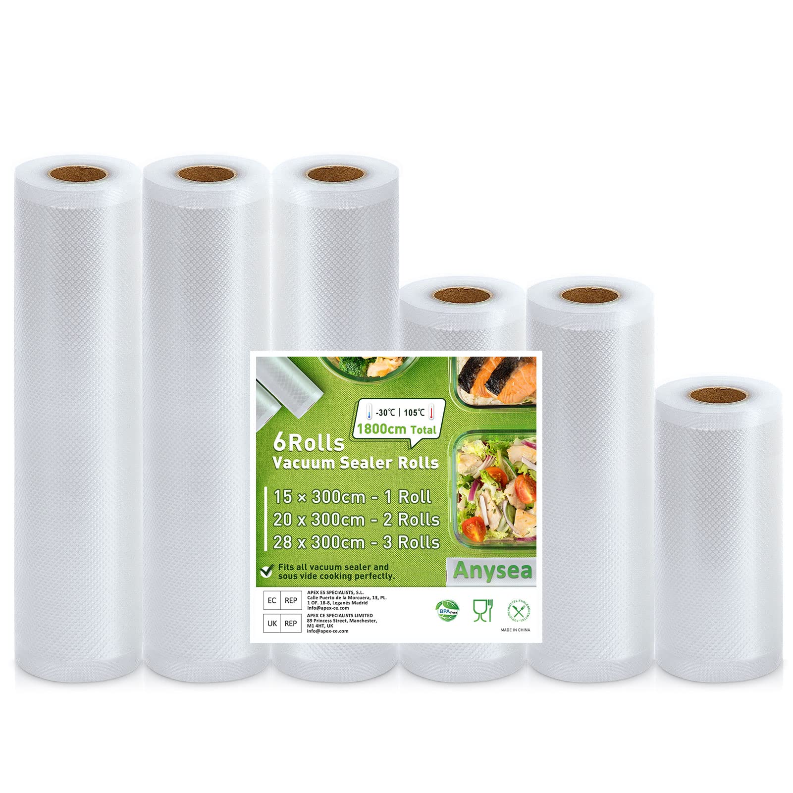 Anysea Vacuum Sealer Rolls Vacuum Sealer Bags: 6 Roll 15|20x2|28x3| x300 cm| BPA-Free | Heavy Duty Embossed | Vacuum Seal Food Bags, Food Sealer Saver