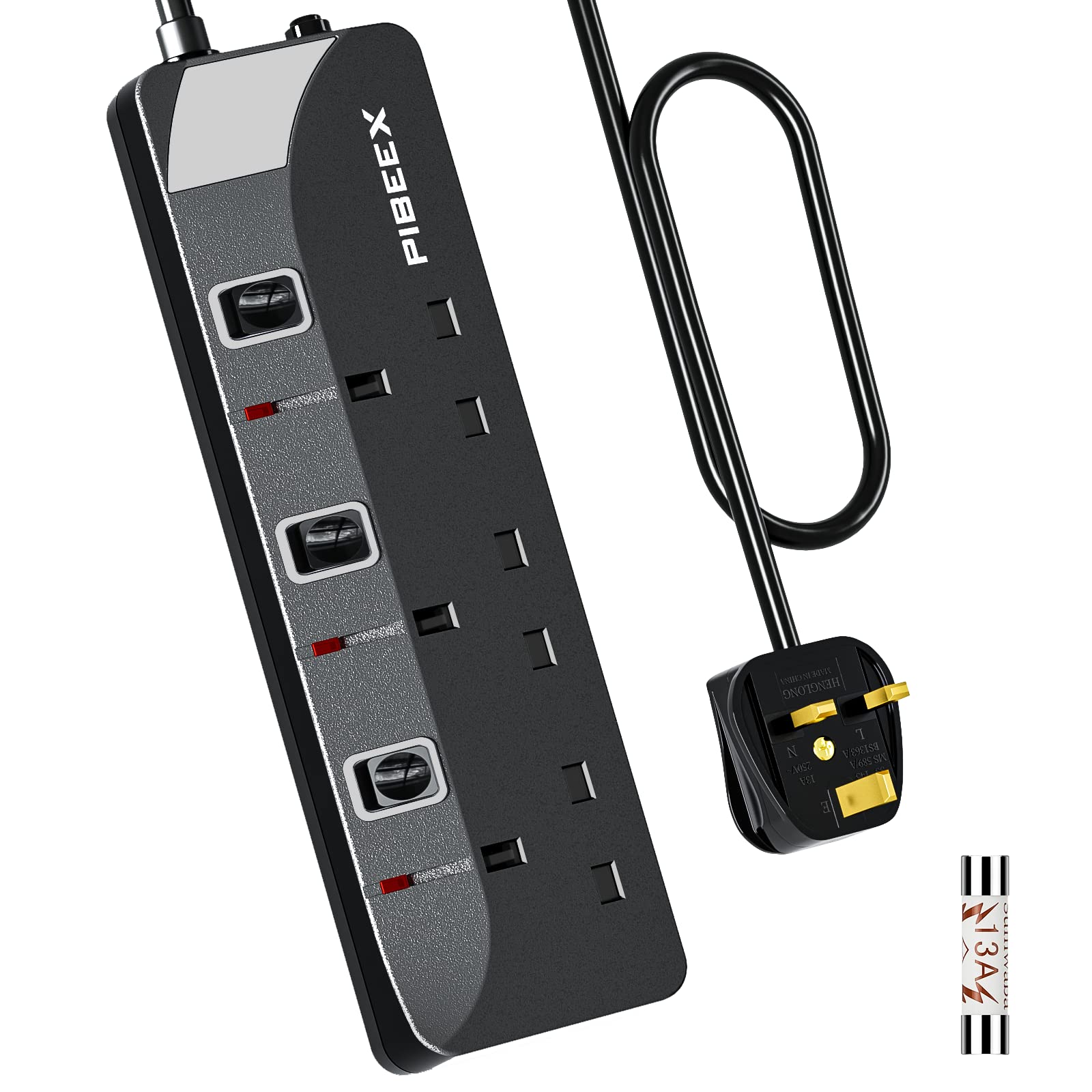 PIBEEX Extension Lead 3 Way Plug Sockets with Individual Switches Wall Mountable Power Strip 3M Extension Cable 13A Fused UK Plug 3250W