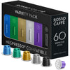 ROSSO CAFF? 60 Nespresso Machine Compatible Capsules, Variety Pack, 6 Flavours, Aluminium Coffee Pods