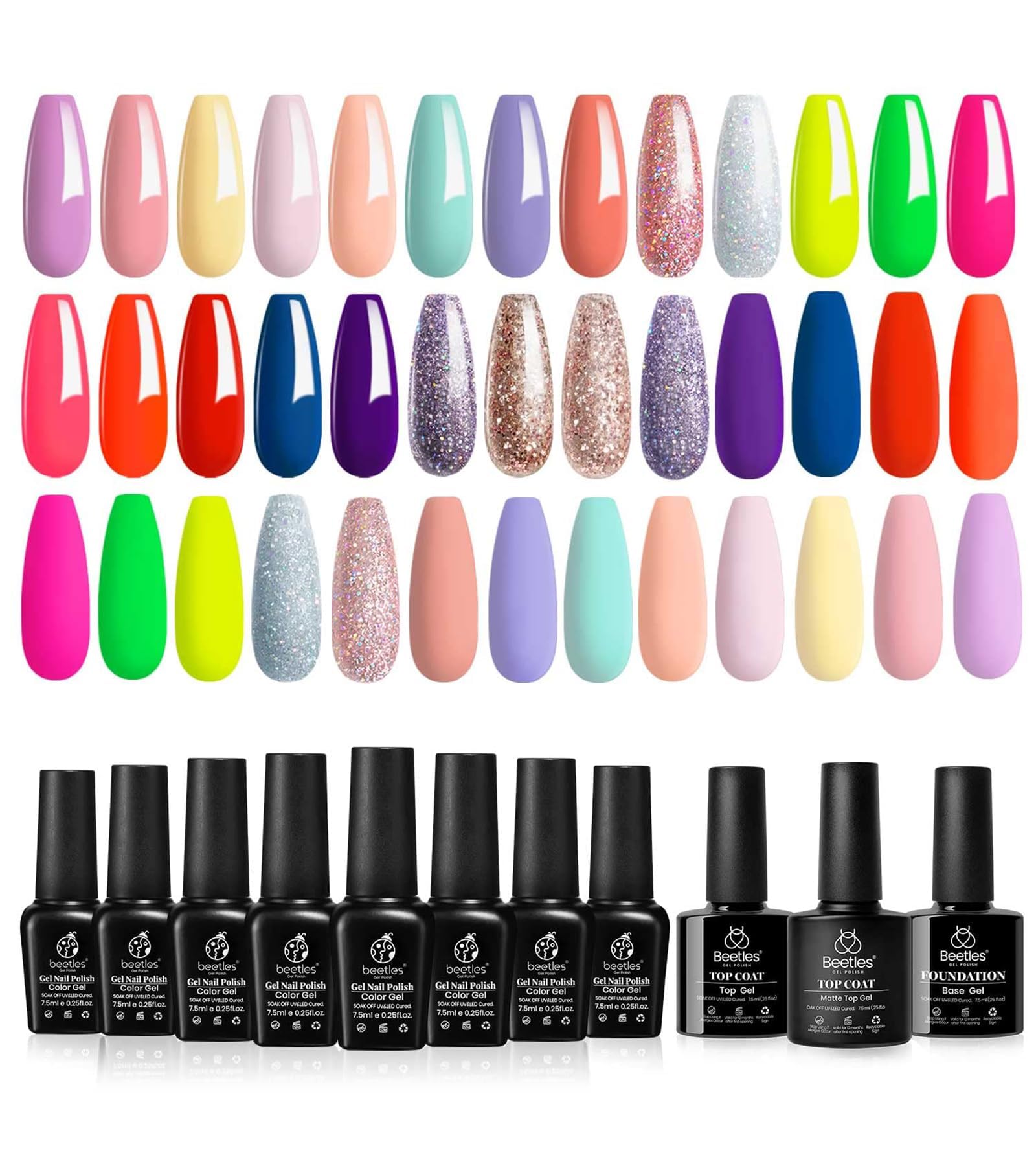 Beetles Christmas Gel Nail Polish-20 Colours Pastel Pink Yellow Blue Green Orange Soak off Base Top Coat Neon Red Glitter Purple Gel Nail Kit Manicure