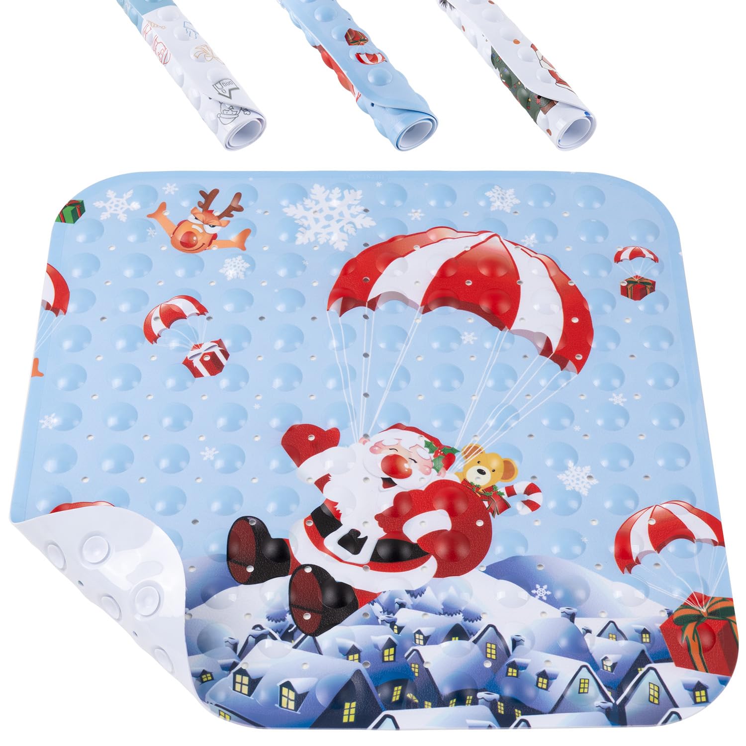 HITSLAM Christmas Shower Bath Mat Non Slip Anti Mould, 53 x 53cm Square Festive Christmas Shower Mat for Bathroom, Machine Washable Bathtub Mat Anti