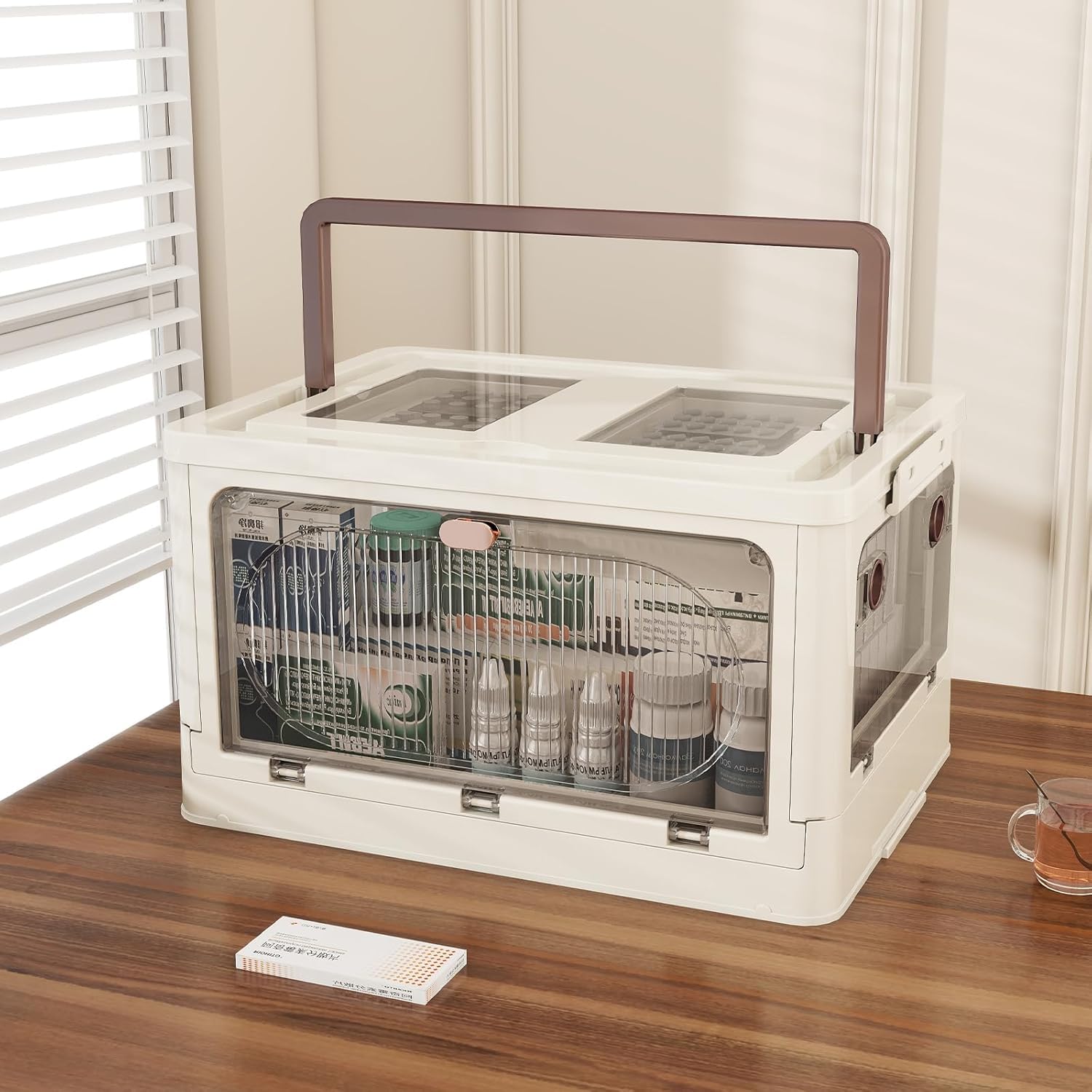 KHNR Medicine Storage Box with Handle,Large First Aid Box with Removable Tray and Quick Access Top Lid Flap,5 Doors Open Medicine Organizer,Plastic