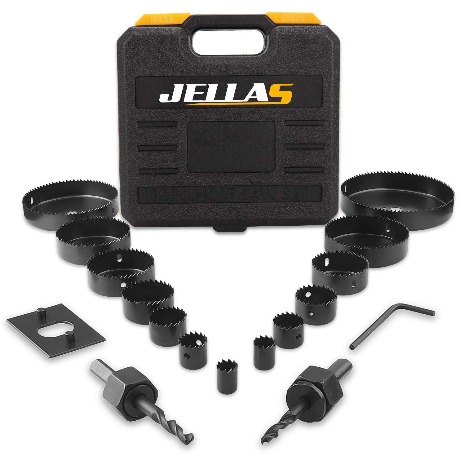 Hole Saw Kit, JELLAS 19Pcs 19mm-127mm Hole Cutter Set(Include 25 and 38mm) in Hard Box, 2 Mandrels, 1 Installation Plate, 1 Hex Key, Durable and Cut