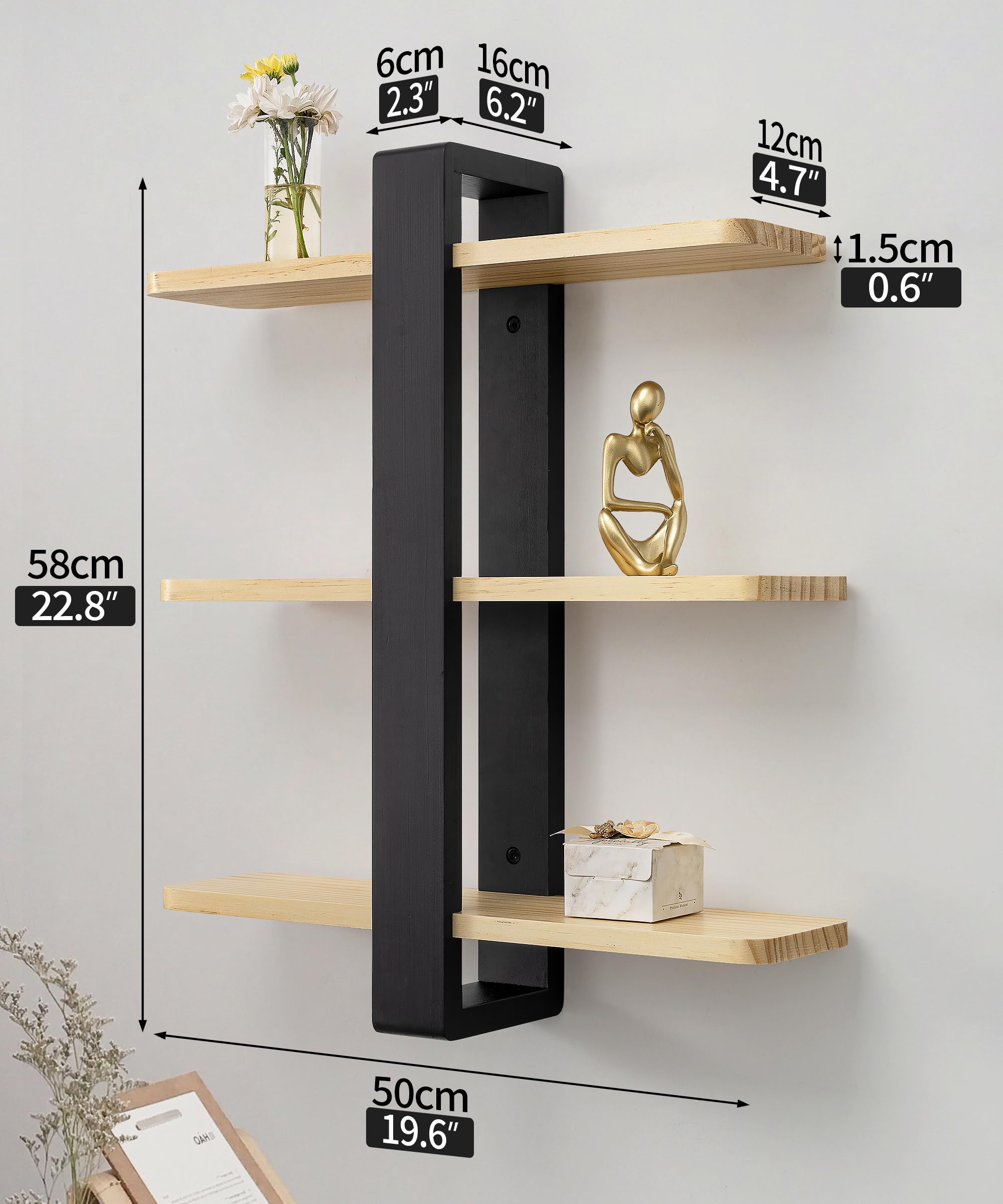 SUMGAR Floating Shelves for Wall Mounted Shelving Unit All Pine Wood 50CM 3 Tier Large Shelf for Bedroom Living Room Office Bathroom Home Decoration