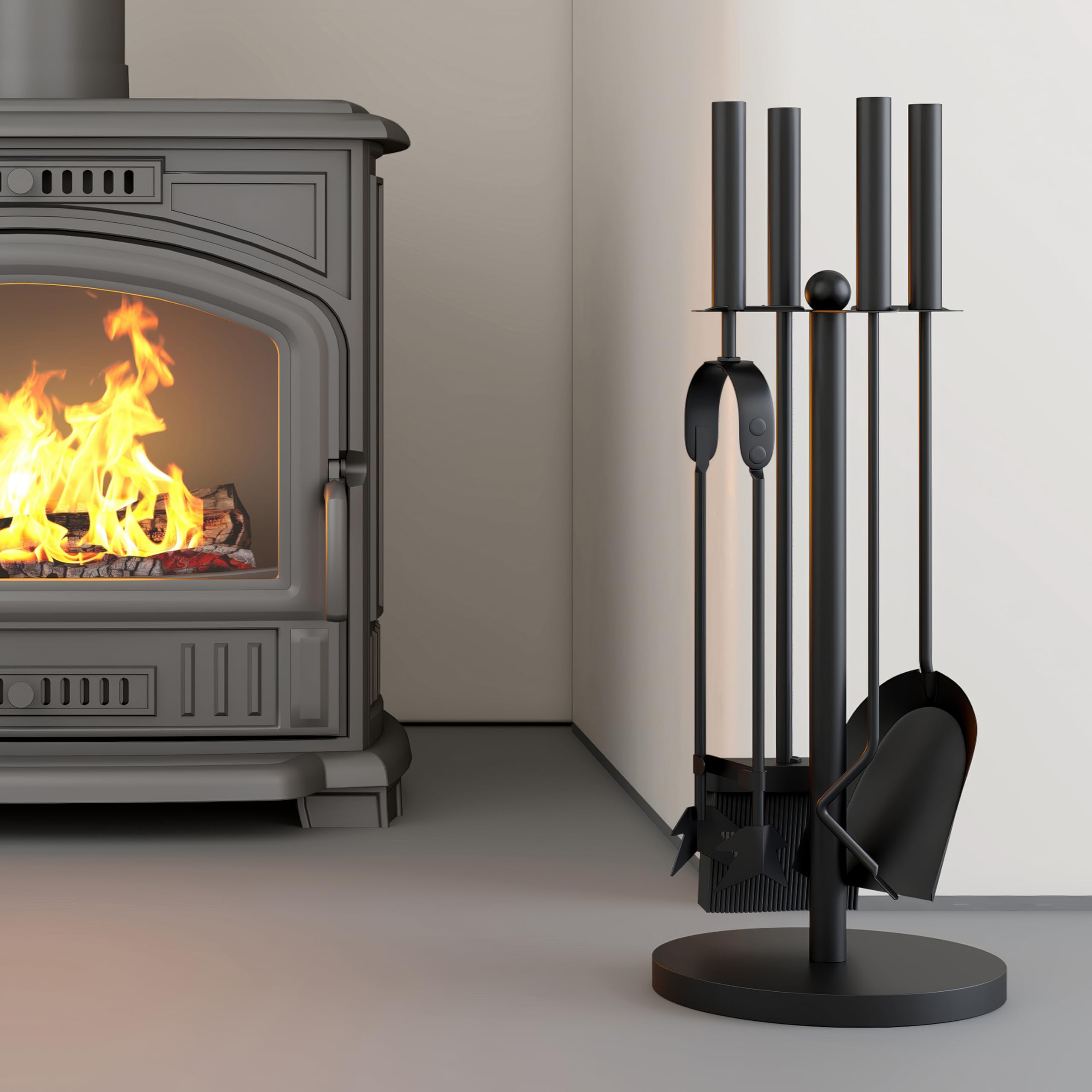 Kingson Black 5-Piece Fireplace Companion Set ? Dia18x48cm ? Log Burner Accessories ? Complete Fireside Tool Kit for Fireplace Maintenance
