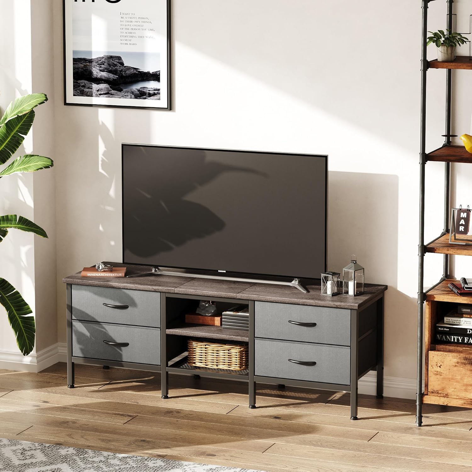 CAIYUN TV Stand with Storage, TV Table 55 Inch with Drawers for 60 65 Inch TV, TV Console Table, TV Bench for Living Room, Bedroom(Grey,55 Inch)