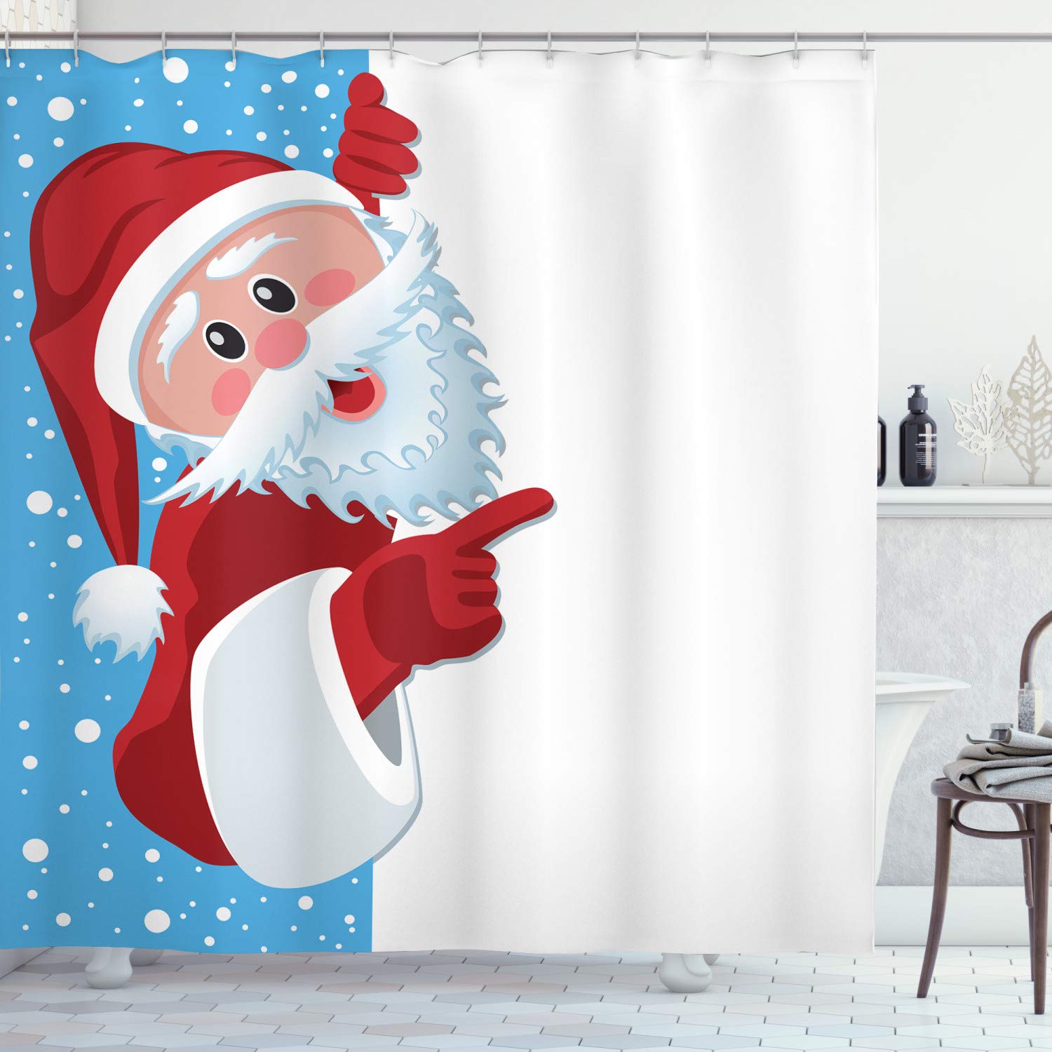 ABAKUHAUS Christmas Shower Curtain, Father Christmas Happy Illustration Winter Snow Season Elements, Cloth Fabric Bathroom Decor Set with Hooks, 70