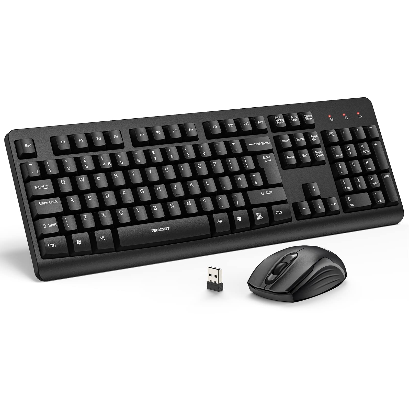 TECKNET Wireless Keyboard and Mouse Set, Ergonomic 2.4G Cordless Keyboard & Mouse Combo Silent, Full-Size, Spill-Resistant with Nano USB Receiver for