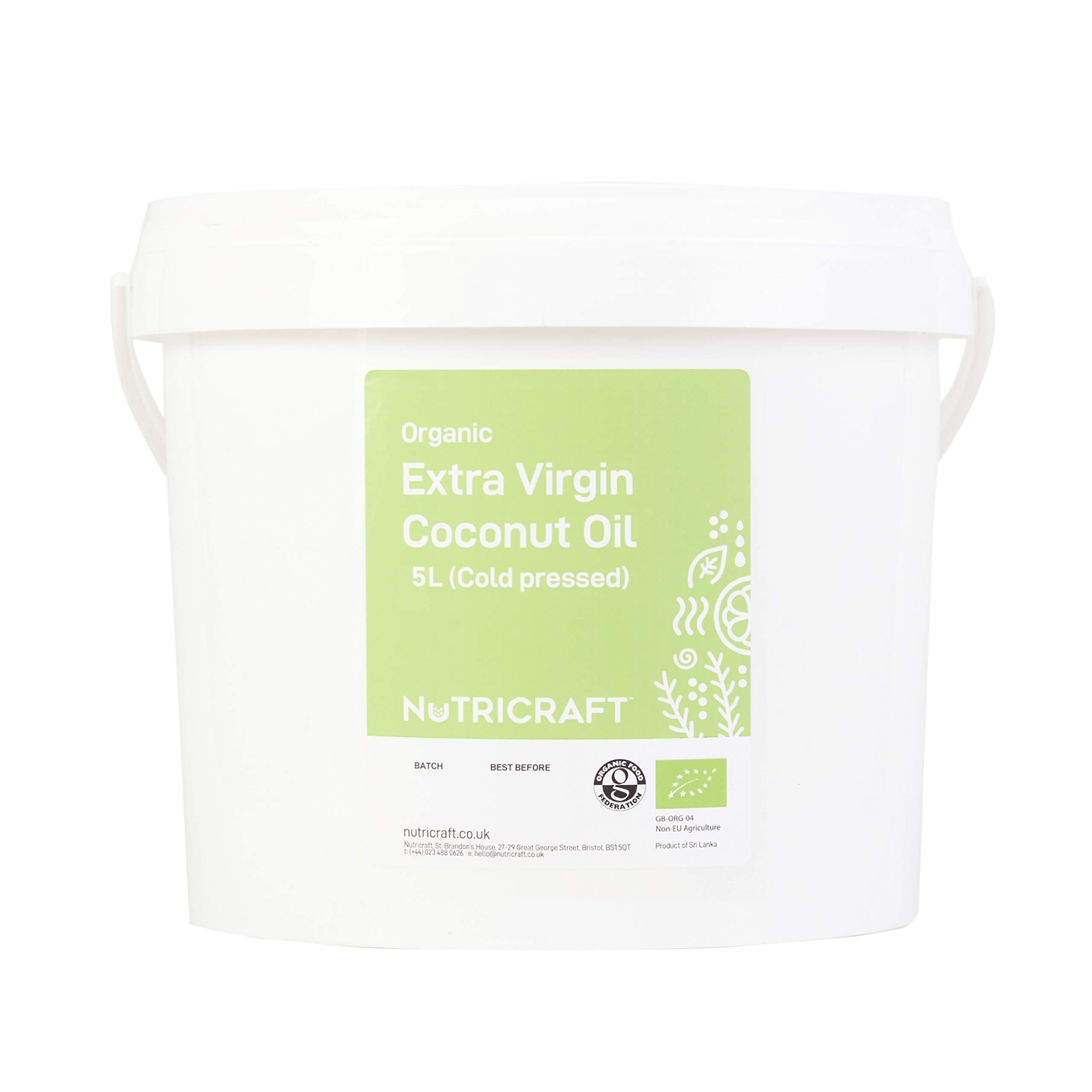 NutriCraft Organic Extra Virgin Cold-Pressed Coconut Oil - 5L bucket for bulk, wholesale, Pure Raw Coconut Oil for Cooking, Baking, Hair, Skin,