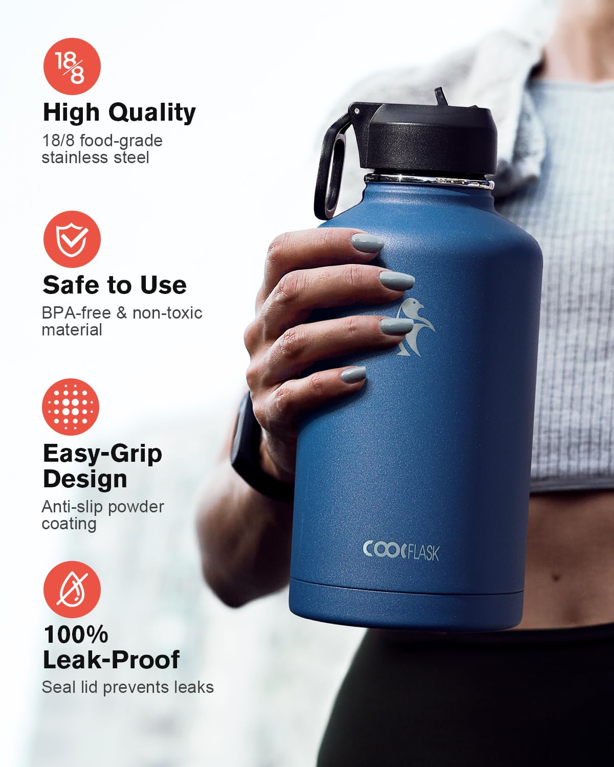 Coolflask Insulated Water Bottle 2L - 3 Lids with Straw & Spout & Handle, Leakproof Vacuum Stainless Steel Water Bottle for Sports, Travel, Gym, 48H