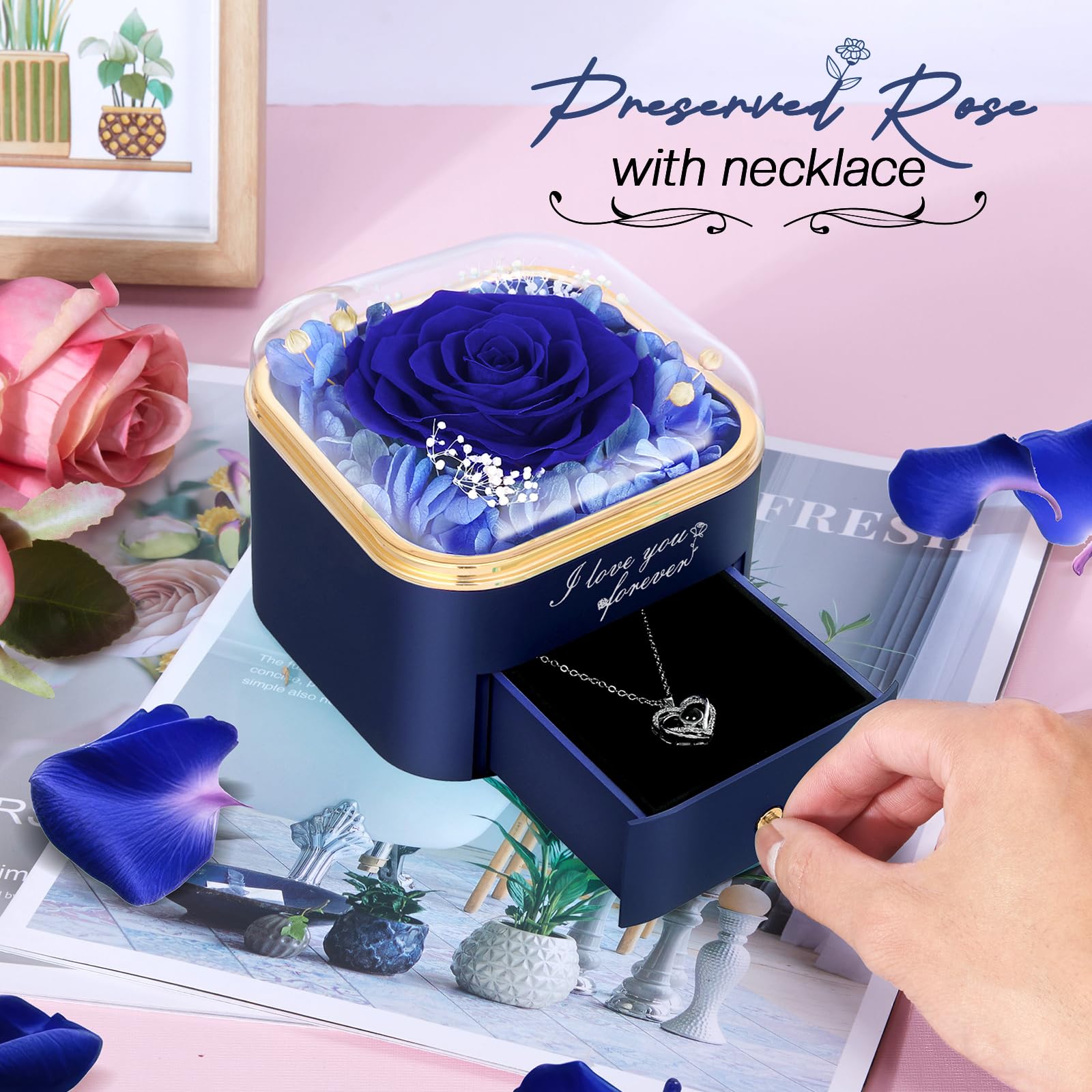 Firestyle Preserved Blue Real Rose with I Love You Necklace in 100 Languages-Eternal Flowers Rose Gifts for Her Women Mum Wife Girlfriend on Christmas