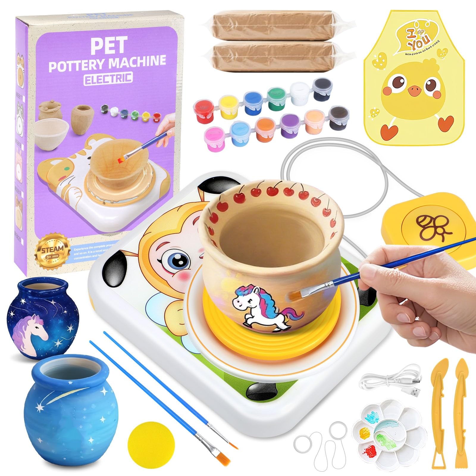 Fizzyo Pottery Wheel for Kids - Pottery Studio Arts & Crafts Kit for Kids Ages 8-12 with 2 Pack Painting Kit Air Dry Clay, Mini Clay Making Pottery