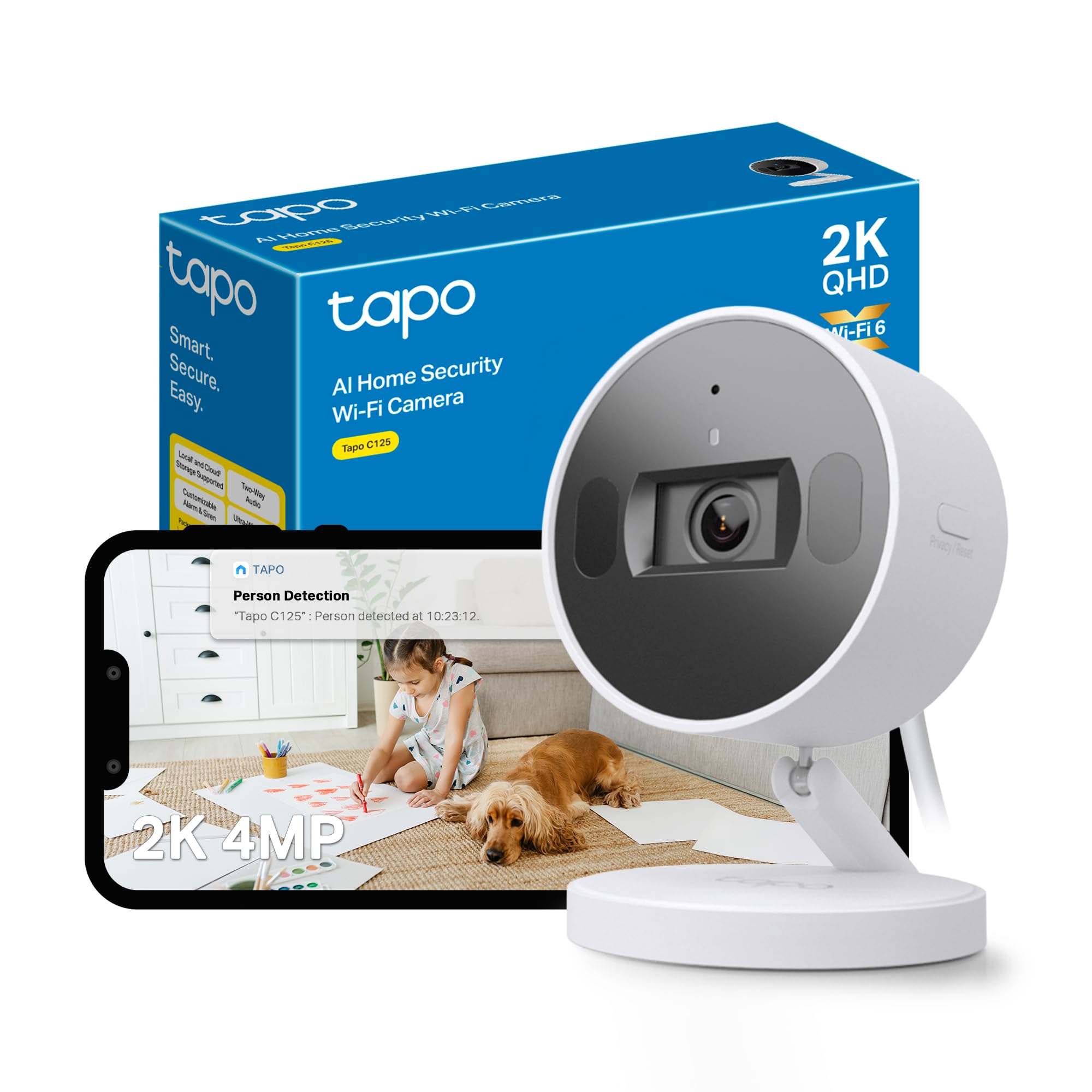 Tapo C125 Indoor Camera with Physical Privacy Shutter, 2K QHD Security Camera, No Monthly Fee, AI Detection, Pet & Baby Camera, CCTV, 2-Way Talk, 140?