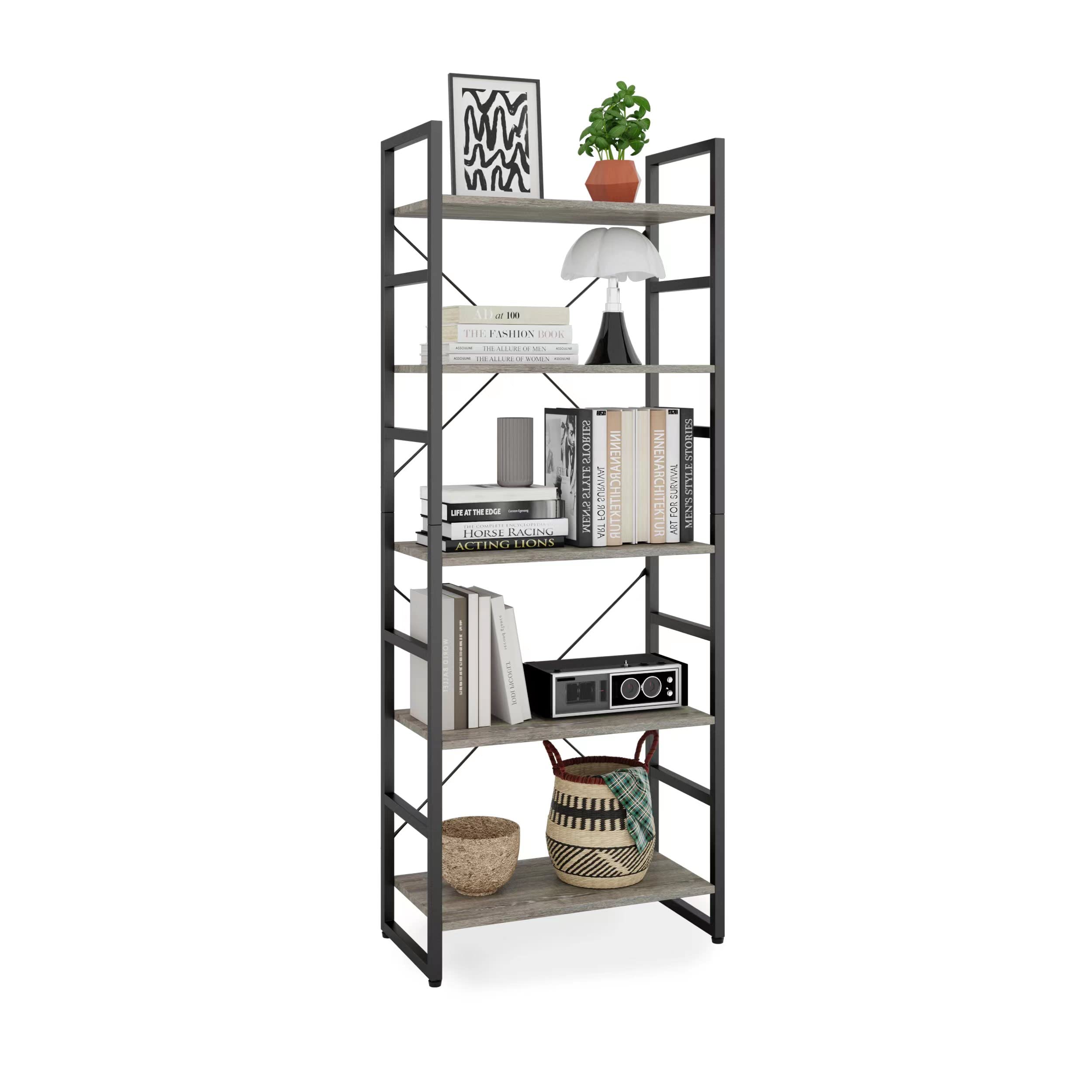 TREETALK 5 Tier Bookshelf, Standing Bookcase with 2 X-shape Frame,Adjustable Leg pads, Industrial Storage Rack for Office, Living Room (Grey)