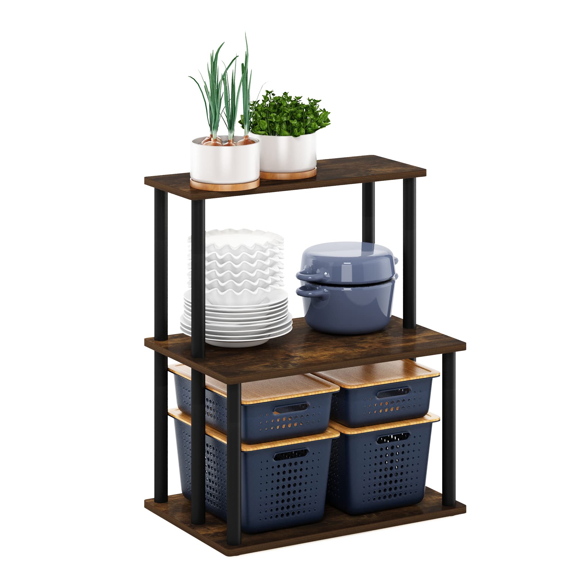 Furinno TURN-N-TUBE Coffee Bar, 3-Tier Bakers Rack, Kitchen Shelves, for Pantry Organizers and Storage, Kitchen Organization, Amber Pine