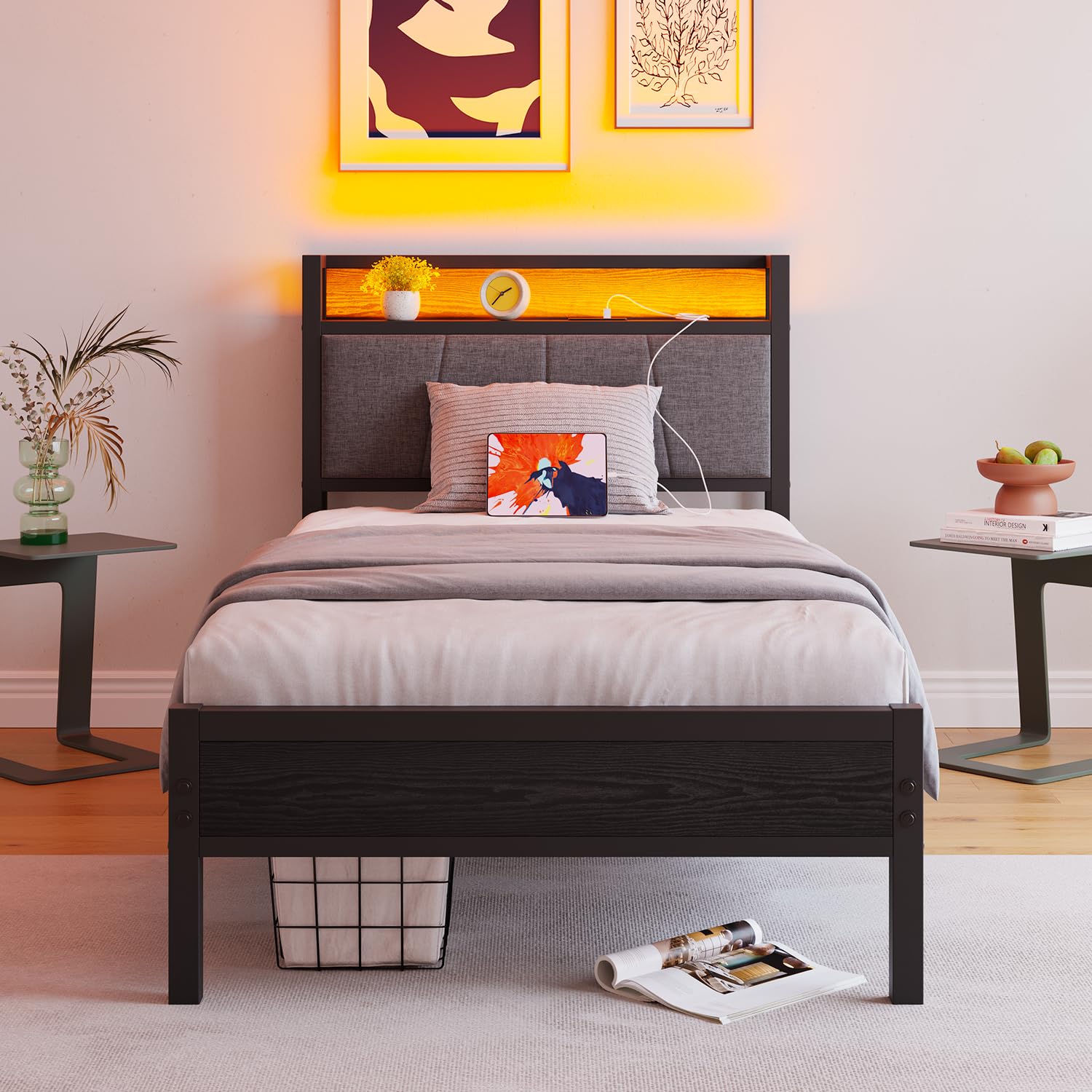 BORPHOM 3ft Single Bed Frame with Storage Headboard,LED Lights,Metal Upholstered Platform Bed Frame with Charging Station,Mattress Foundation/Strong