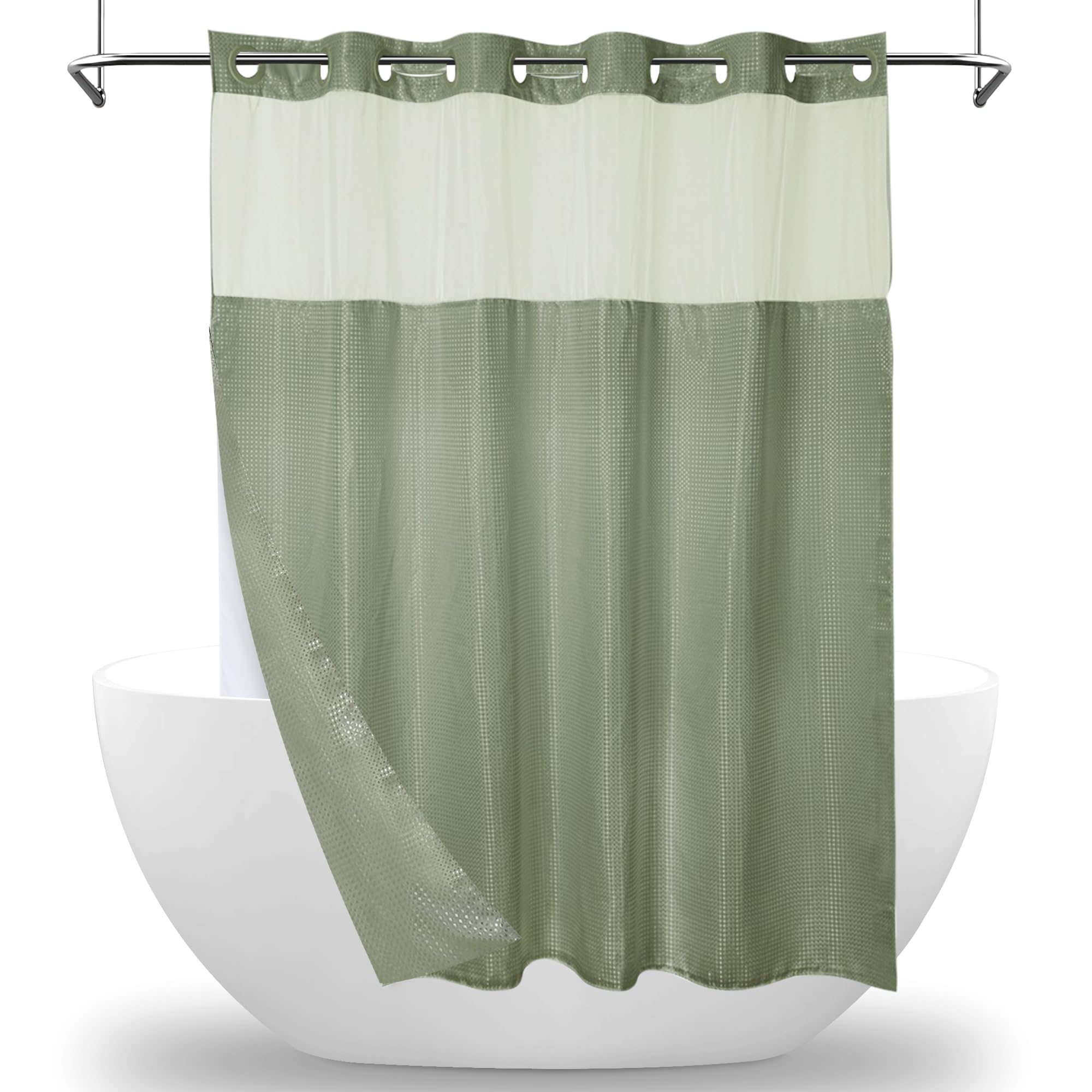 MEKOTRIN Hookless Shower Curtain with Snap on Liner Waffle Fabric Double Layer, 74 x 71 Inch Weighted Green Shower Curtains with Viewing Window, Bath