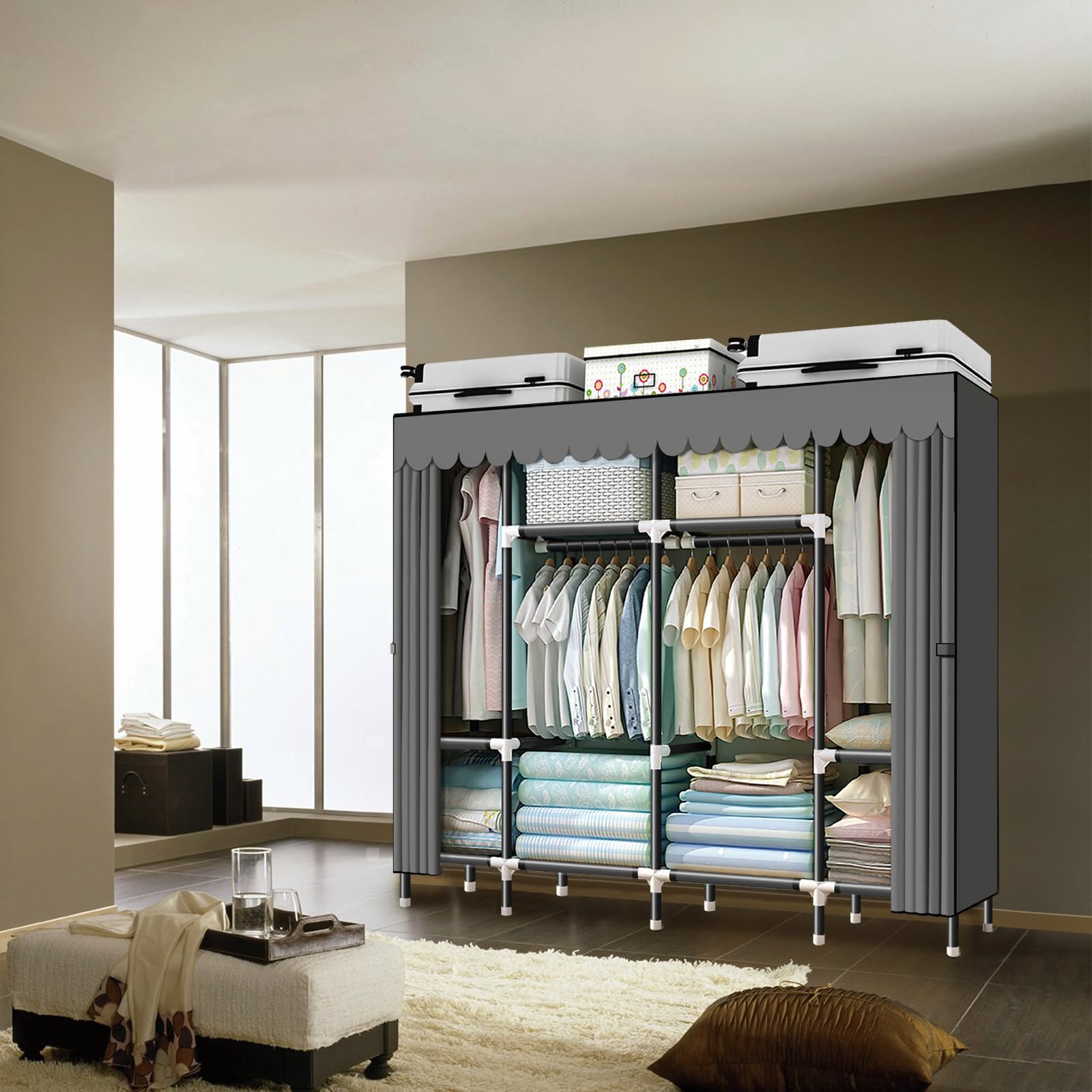 HESMENO Portable Wardrobe, Clothes Closet Storage Organizer with Hanging Rail & Shelves, Foldable Closet with Cloth Cover Quick and Easy to Assemble,