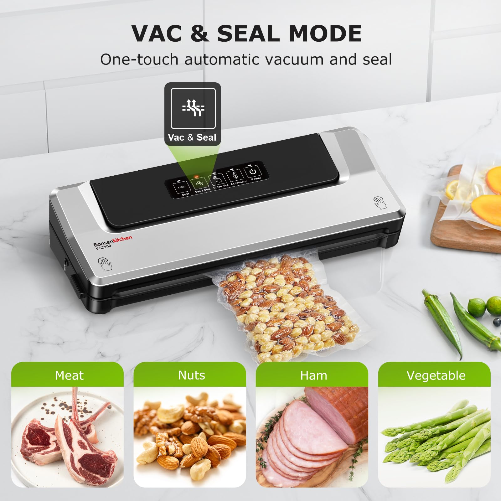 Bonsenkitchen Vacuum Sealer with 40 Vacuum Bags, Fast-Compact Vacuum Sealer Machine for Sous Vide Cooking and Food Stay Fresh up to 6x Longer (Silver)