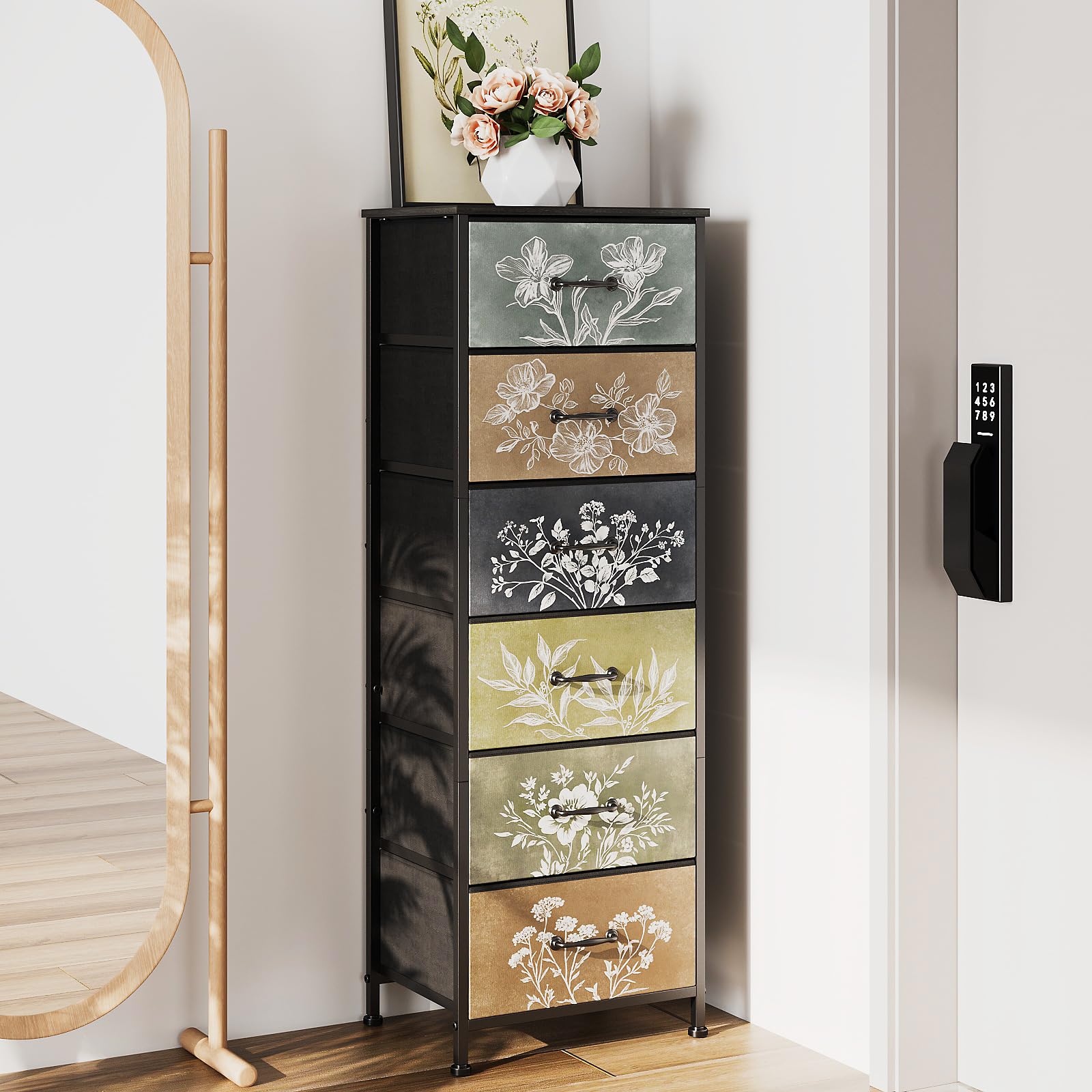 Welfuturer Narrow Tall Chest of Drawers with 6 Fabric Drawer Dresser for Bedroom Storage Tower Organizer Unit for Living Room Bedroom Closet Entryway