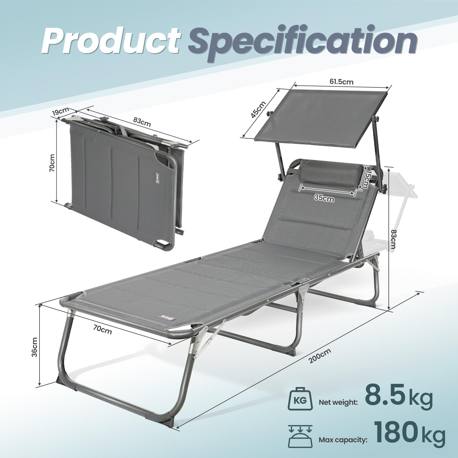 Homecall 30039 XXL Aluminium Sun Lounger with Sun Roof Three-Legged Beach bed 200x70 cm Maximum Load 150 kg, Grey textilene, Quick Dry Foam