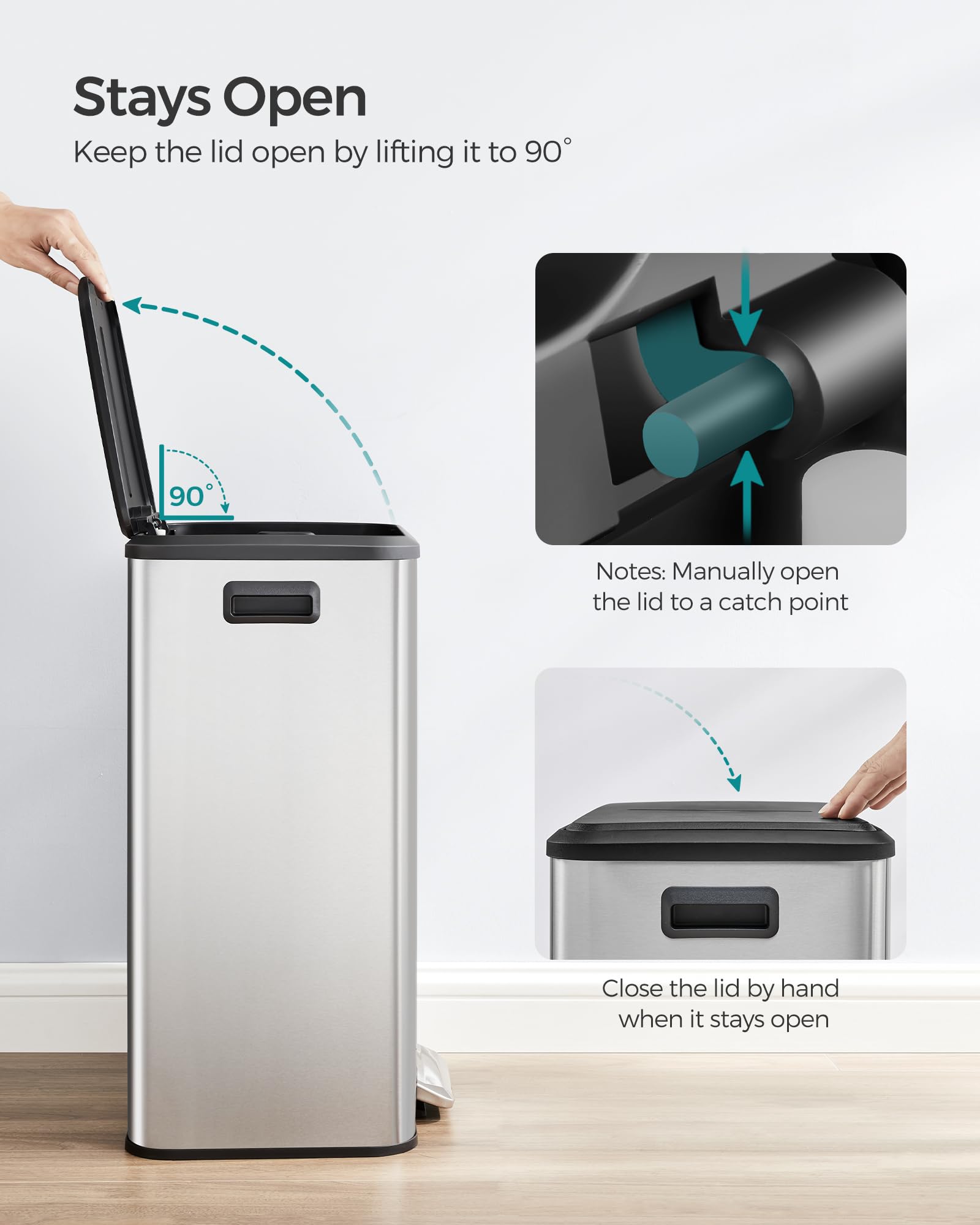 Songmics Kitchen Bin, 40L Pedal Bin with Lid, Rubbish Bin for Waste, Soft Close and Stays Open, Wide Pedal, Silver LTB541E40