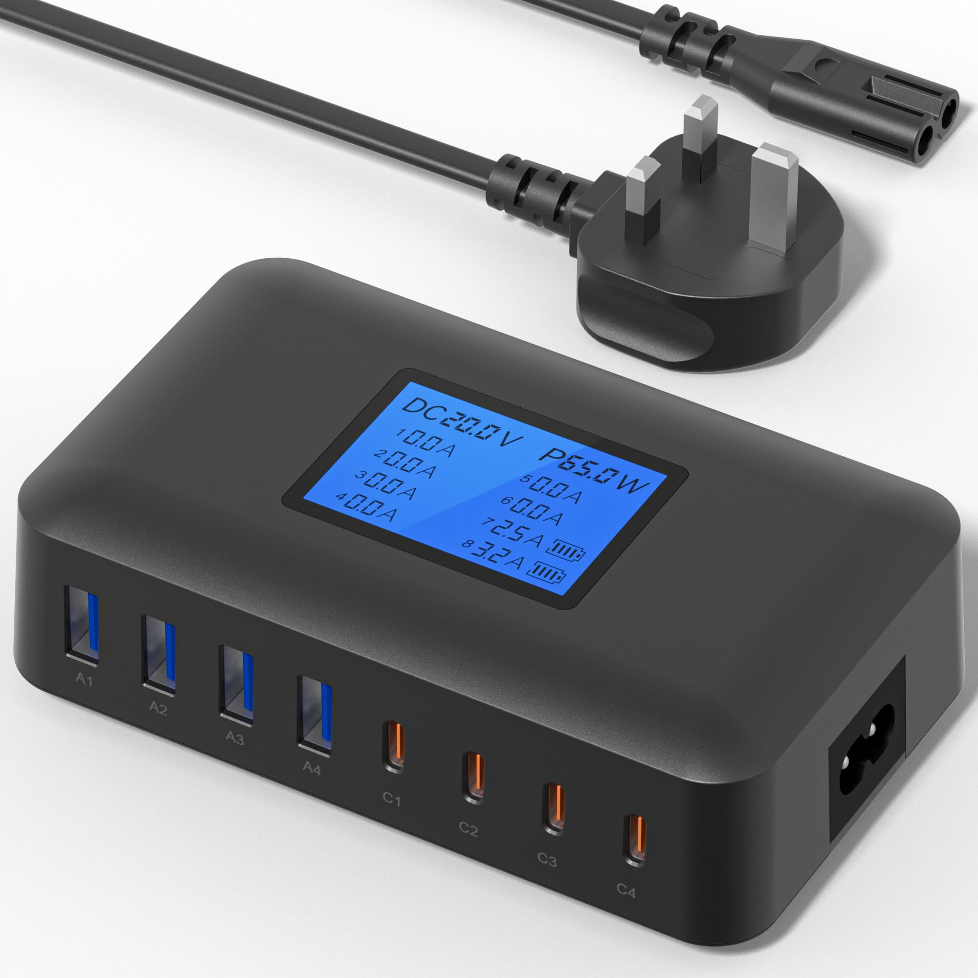 Binamao USB C Charger, 200W Multi USB Charger ? 8-Port Charging Station, USB Charging Hub with LCD Screen, 65W PD Fast Charger for MacBook, iPad,