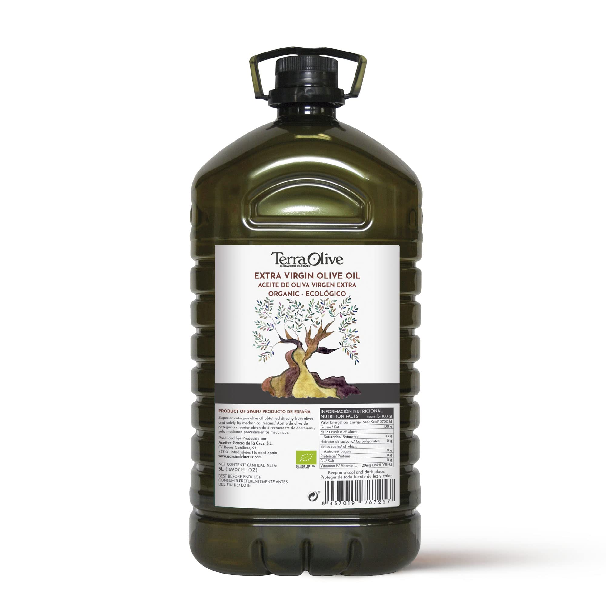 TERRAOLIVE - Organic Extra Virgin Olive Oil, Olive Variety, Cooking Oil, Olive Variety, Smooth Body, Sourced in Spain, Montes de Toledo, Recycled PET