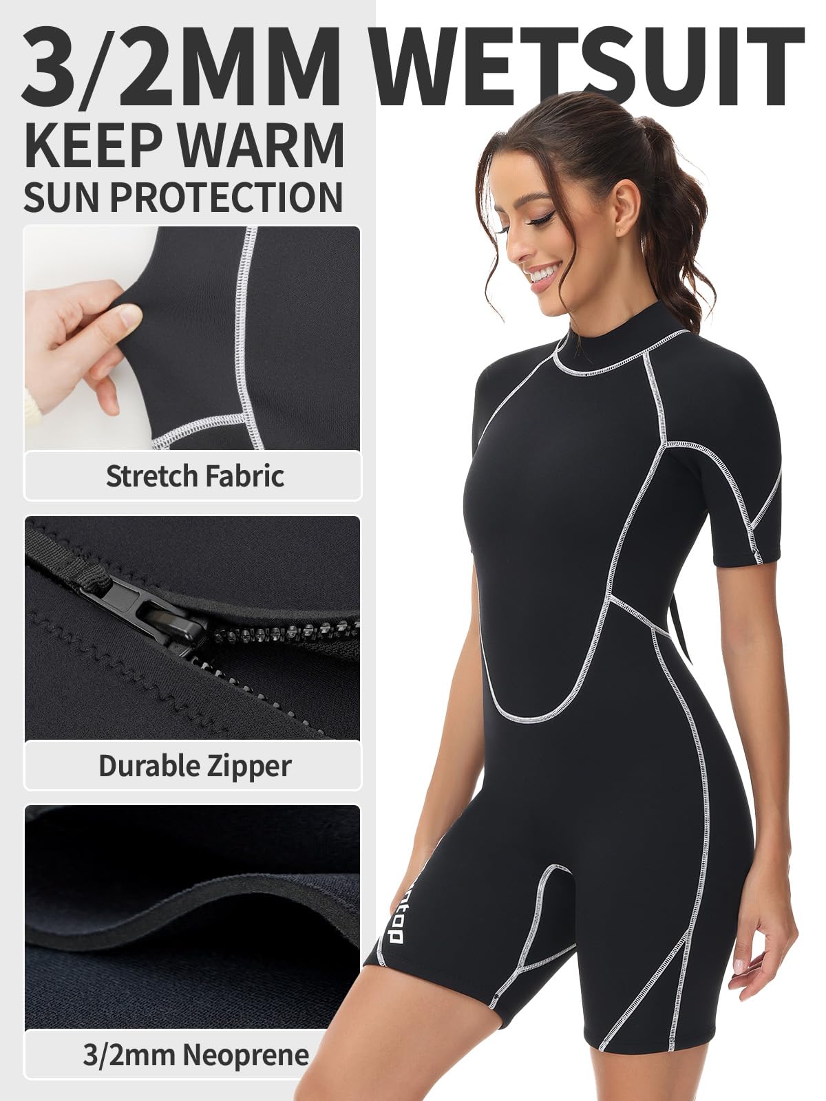 Owntop 3/2mm Shorty Wetsuit Women - Back Zip Wet Suit for Diving Surfing, Short Sleeve Diving Suits Stretch Neoprene for Water Sports, Women Black M