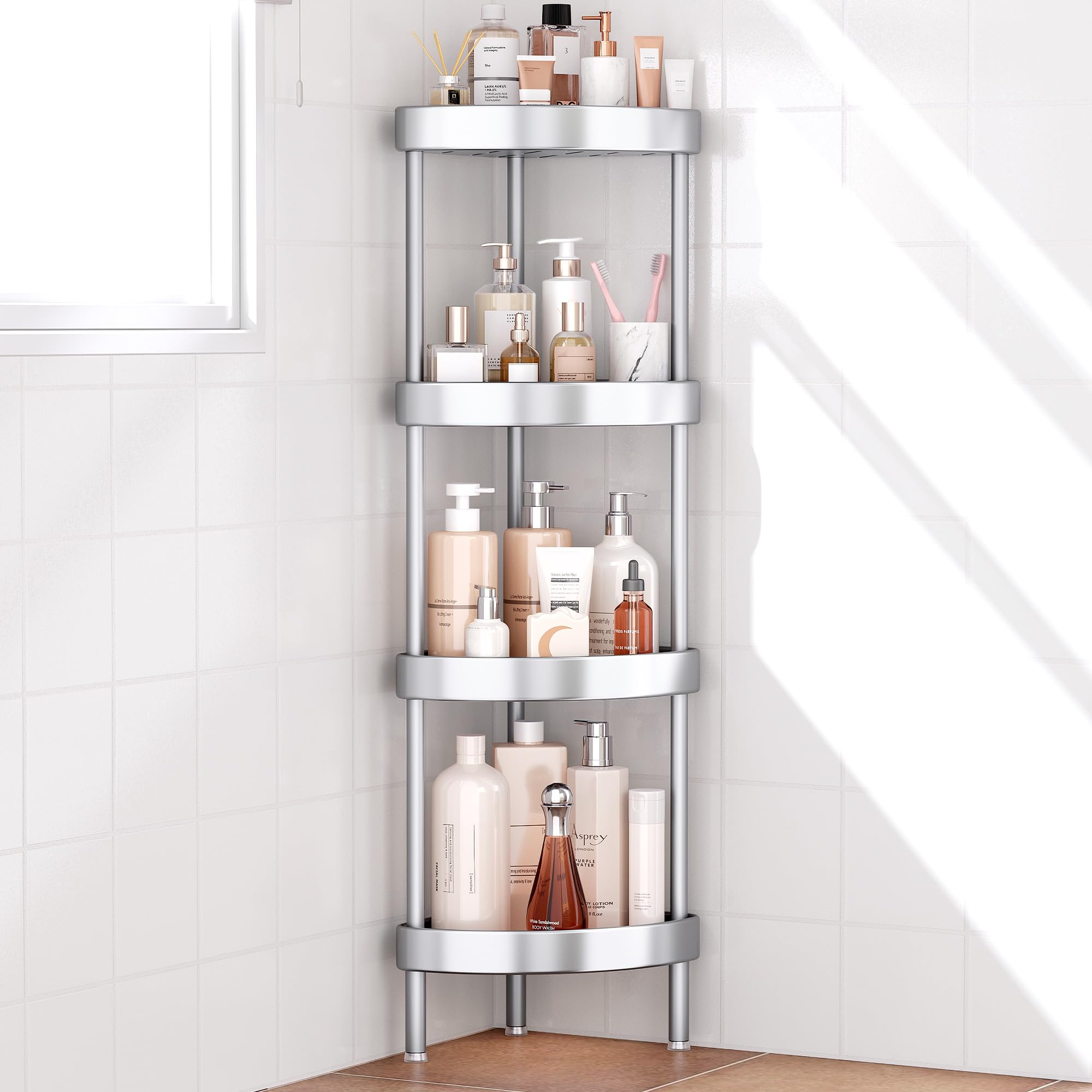 Nieifi 4-Tier Silver Anodized Aluminum Corner Shower Caddy Stand - Rust Resistant, Sturdiness - 4 Compartments, 15 lbs Max Weight - Free Standing