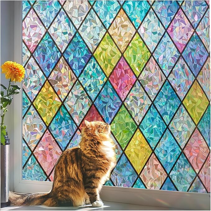 Beautysaid Rainbow Privacy Window Film: Stained Glass, No-Glue Frosted Window Film, Static Cling Film (Multicolor, 90x300cm