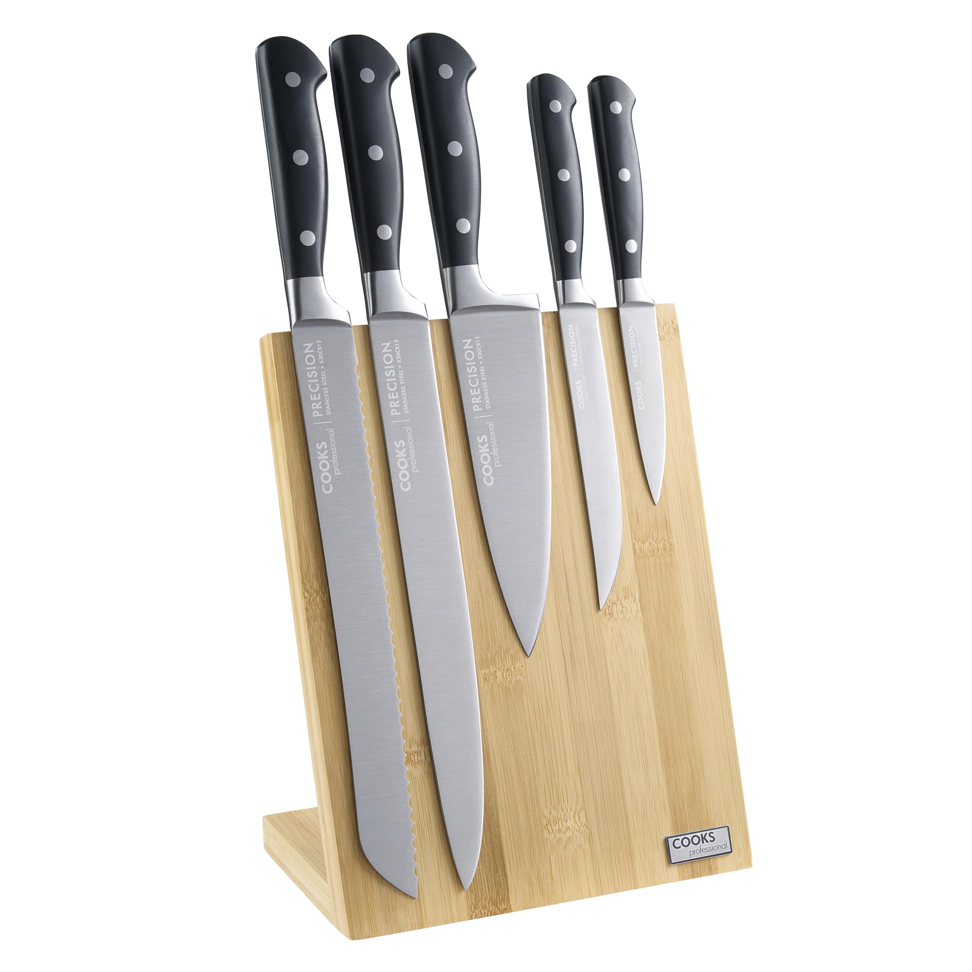 Cooks Professional Precision 5 Piece Knife Set | with Magnetic Bamboo Knife Block | Steel | Chef | Home Kitchen