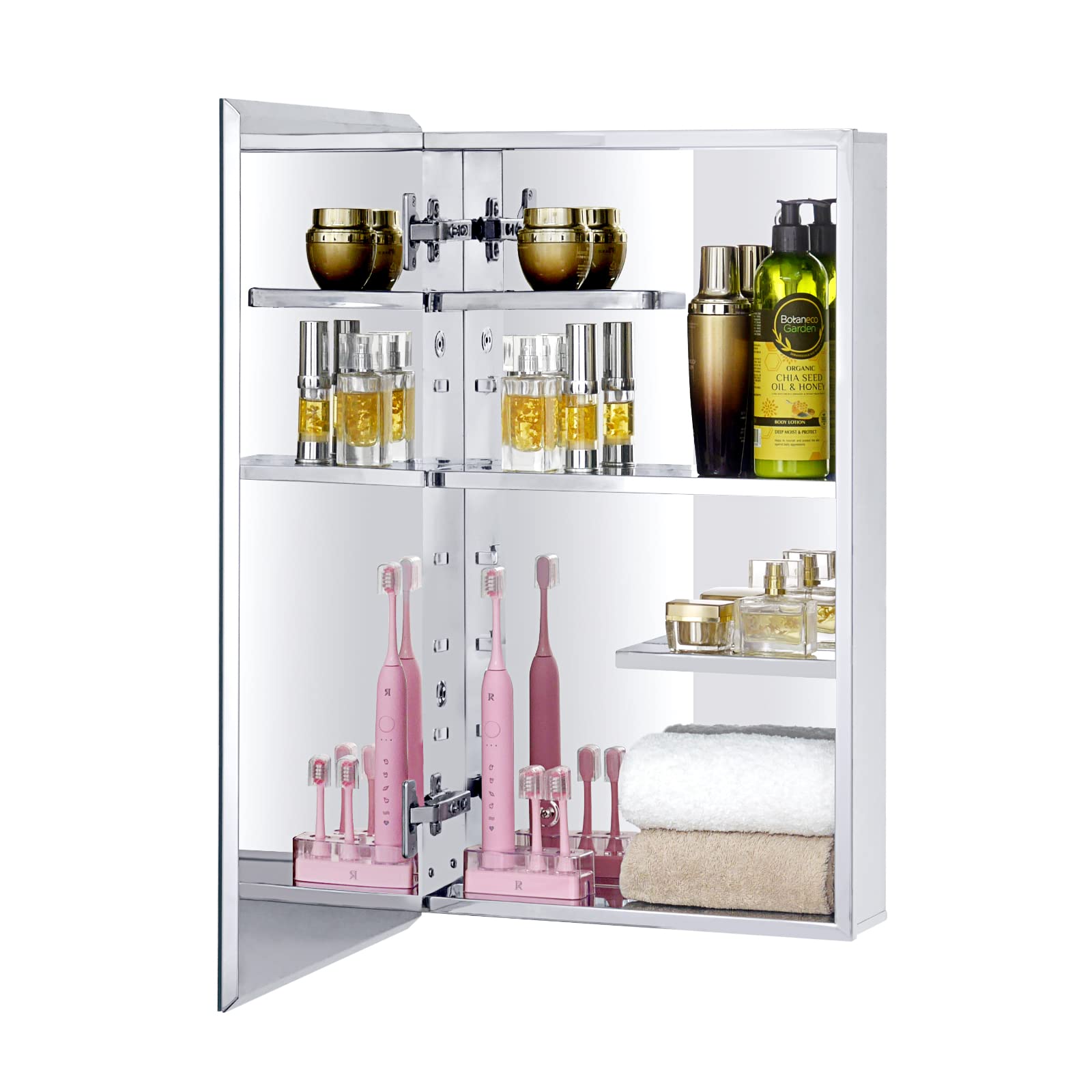 Fundin Stainless steel bathroom mirror cabinet, wall mount and flush mount, 38x65 cm,with unique half-shelves for greater adjustability.