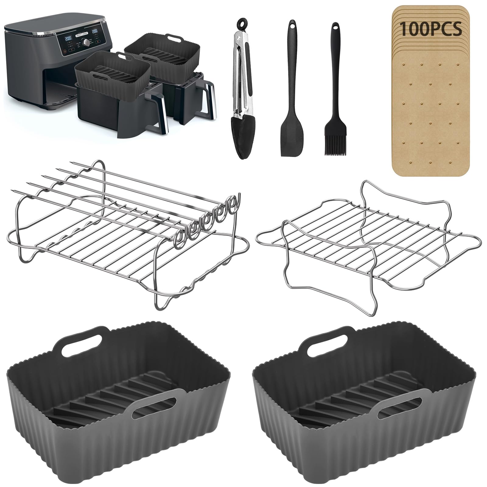 Ninja Air Fryer Accessories, 2Pcs Air Fryer Rack for Grill, Silicone Air Fryer Liners, Air Fryer Paper Liners for Ninja Dual AF300UK AF400UK AF451UK /