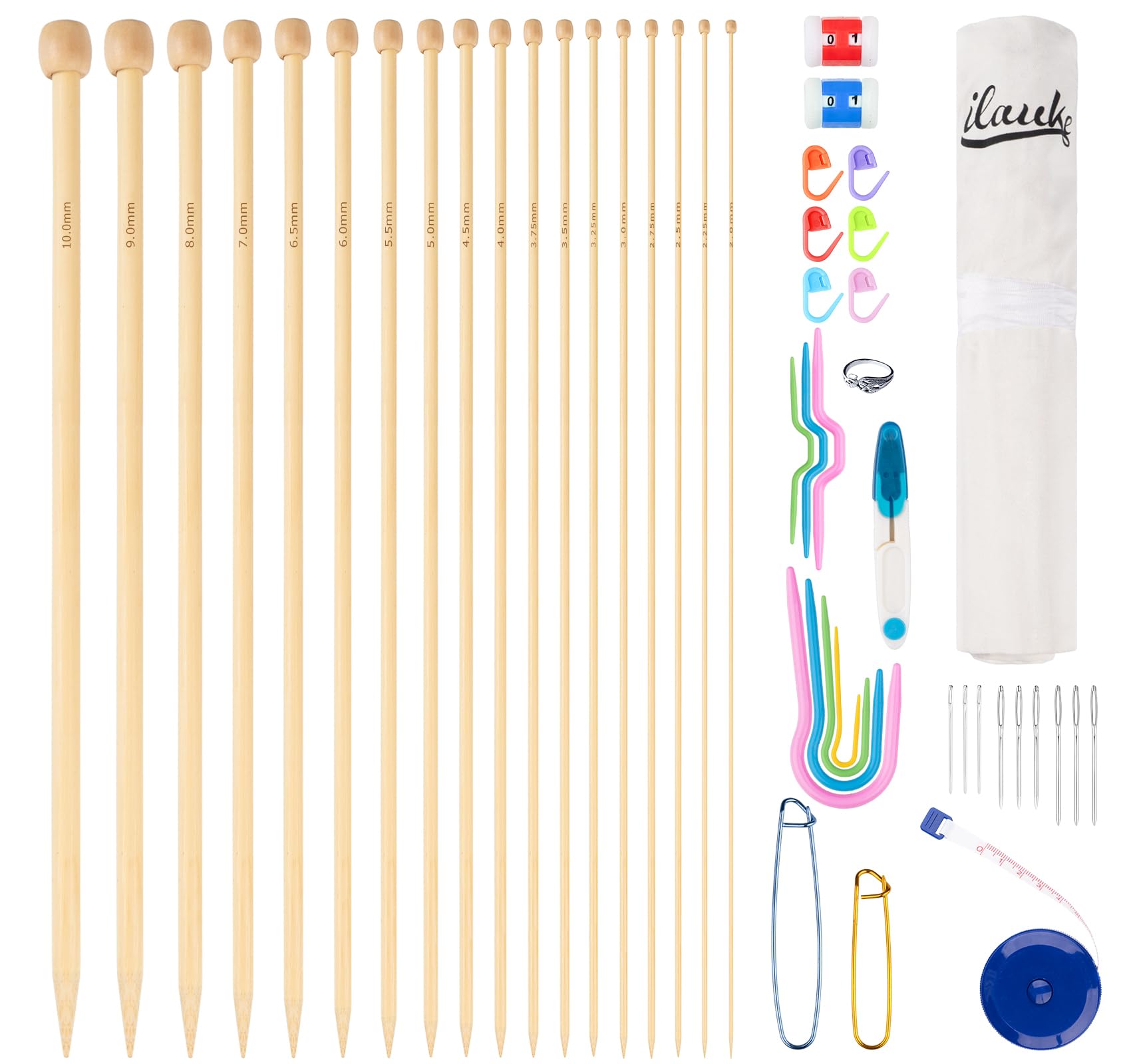 ilauke 70Pcs Bamboo Knitting Needle Set, 18 Pairs Single Pointed Wooden Knitting Needles 2mm-10mm, Knitting Kit for Beginners Adults, with 33Pcs